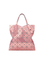 The LUCENT METALLIC tote by BAO BAO ISSEY MIYAKE features pink geometric triangular panels with a metallic finish, silver outlines, two handles, and a matching pink tag. - PINK SALT （no.27）