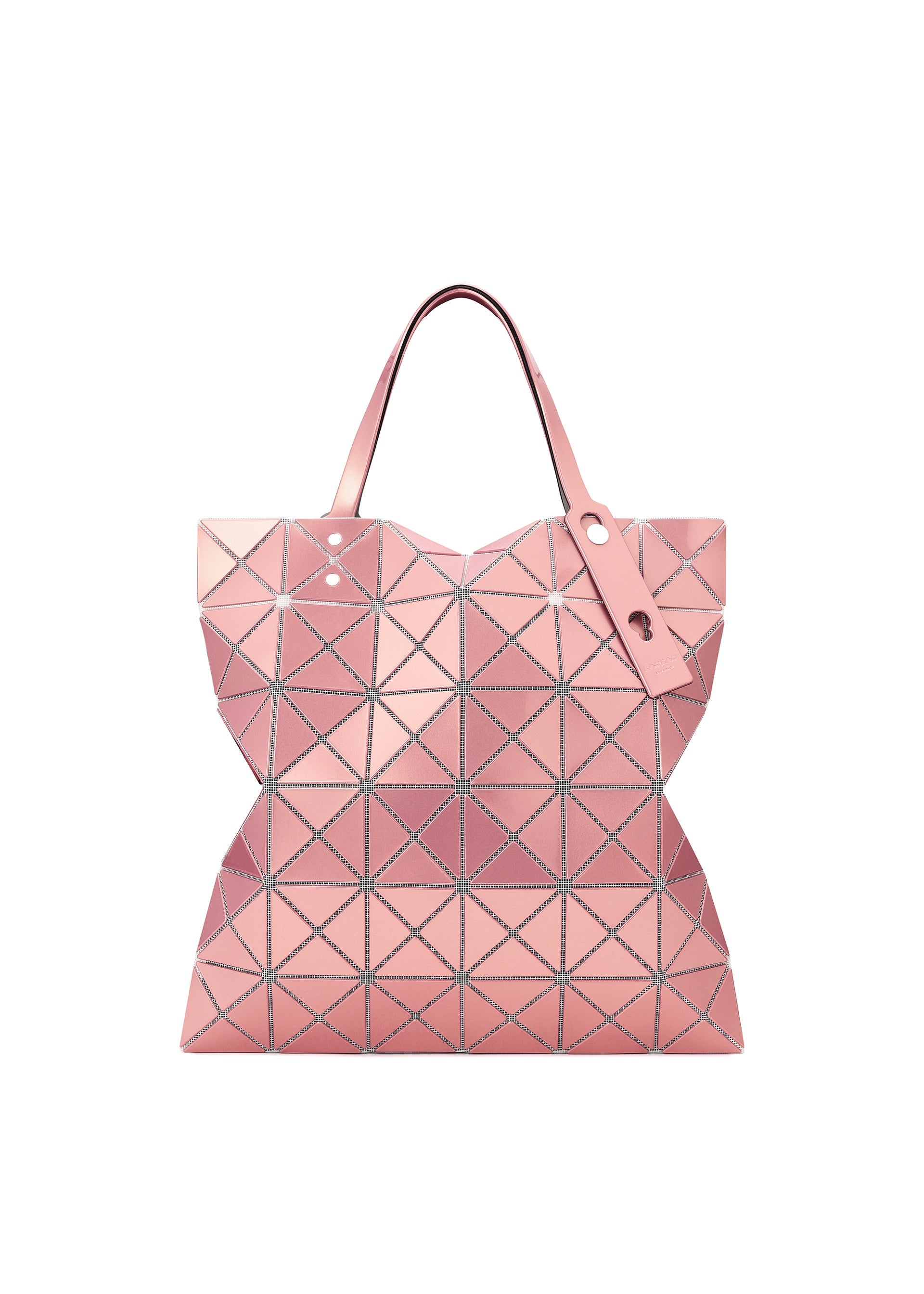 Zoomed view The LUCENT METALLIC tote by BAO BAO ISSEY MIYAKE features pink geometric triangular panels with a metallic finish, silver outlines, two handles, and a matching pink tag. - PINK SALT （no.27）