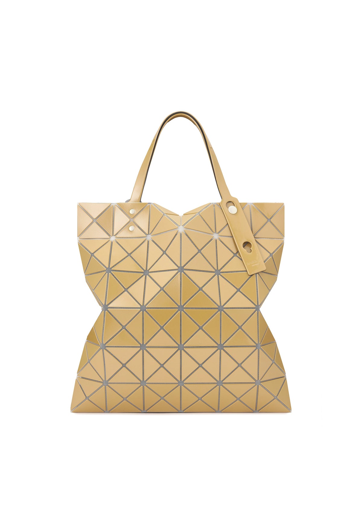 The LUCENT METALLIC tote by BAO BAO ISSEY MIYAKE features a modern faceted design with geometric triangular panels, a light gold metallic finish, and two handles for a striking contemporary look. view 4 of 10