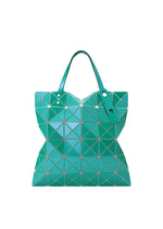 The LUCENT METALLIC tote by BAO BAO ISSEY MIYAKE is a green bag with two handles, showcasing a geometric triangular pattern and a reflective, metallic enamel-inspired design for a modern look. - WATER GREEN （no.64）