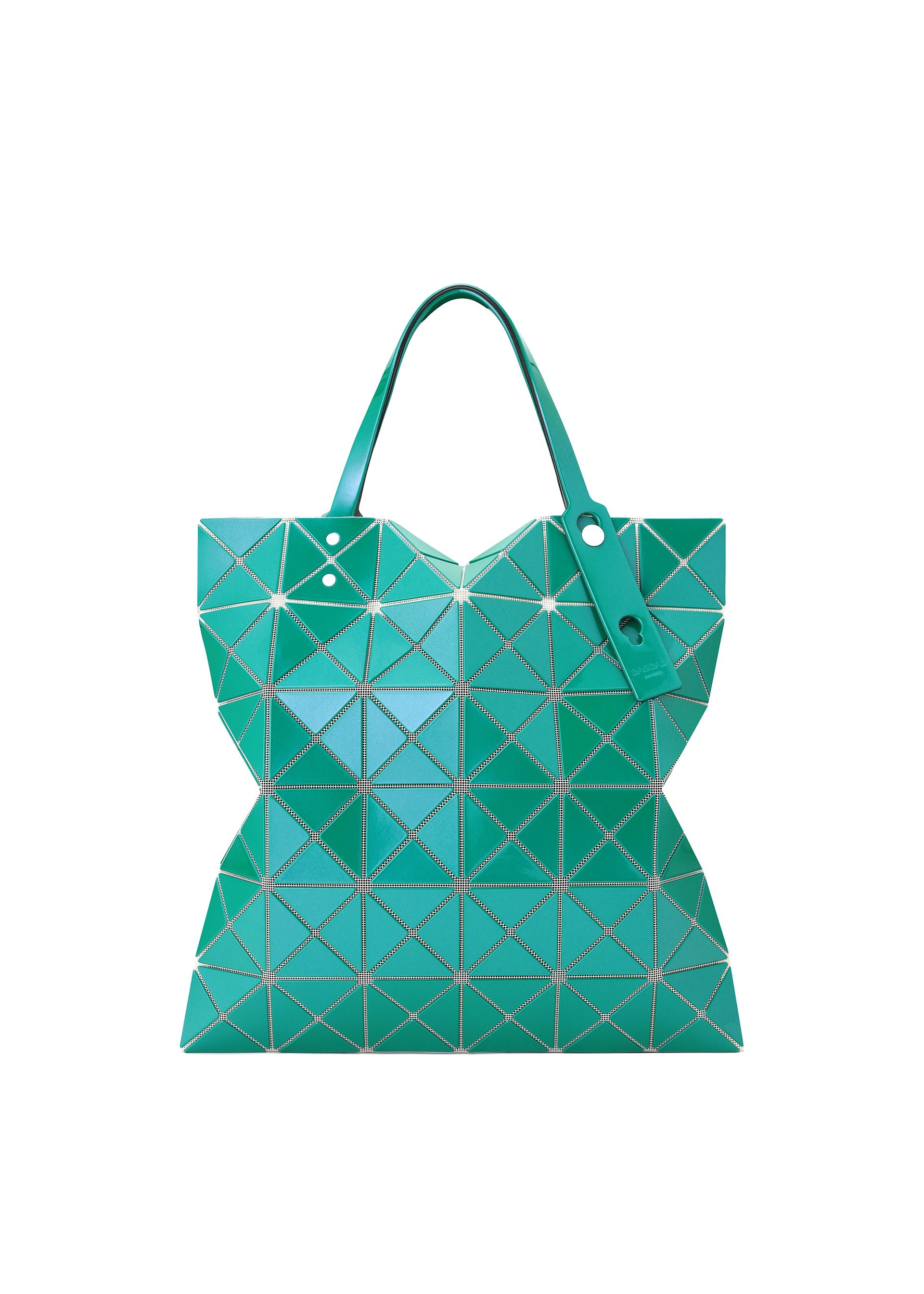 Zoomed view The LUCENT METALLIC tote by BAO BAO ISSEY MIYAKE is a green bag with two handles, showcasing a geometric triangular pattern and a reflective, metallic enamel-inspired design for a modern look. - WATER GREEN （no.64）