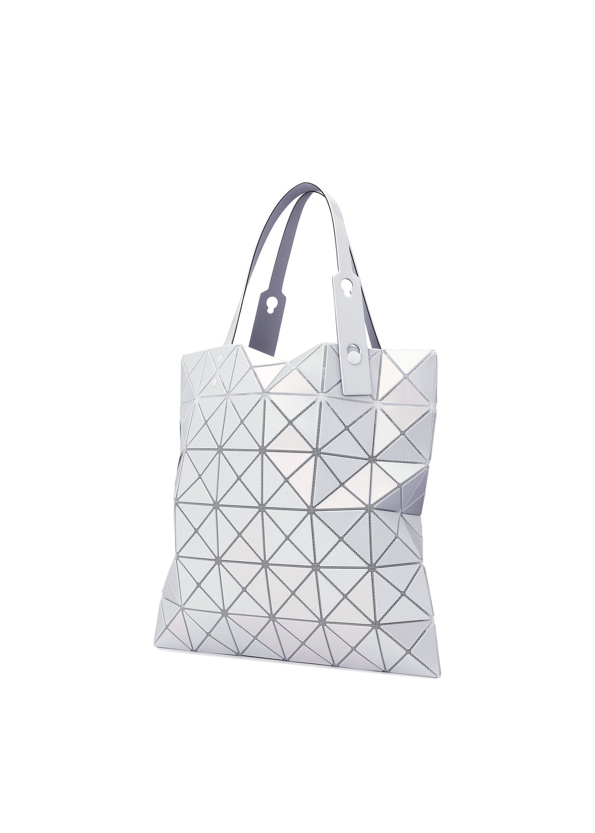 The LUCENT METALLIC tote by BAO BAO ISSEY MIYAKE features geometric triangular panels in metallic silver enamel, two short handles, and a modern minimalist design, shown against a white background. view 6 of 10