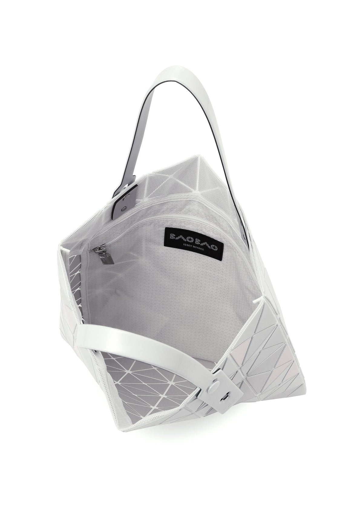 The LUCENT METALLIC by BAO BAO ISSEY MIYAKE is a white geometric tote with an angular, metallic look, featuring a spacious interior, zippered mesh inner pocket, black brand label, and two flat handles. view 8 of 10