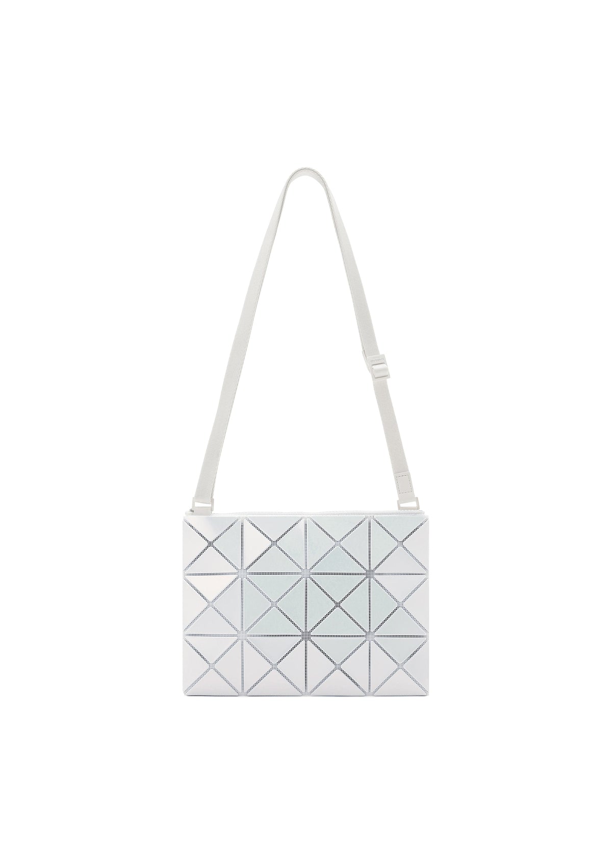 The LUCENT METALLIC by BAO BAO ISSEY MIYAKE is a rectangular shoulder bag with an adjustable white strap and a striking mirrored silver triangle pattern, displayed on a plain white background. view 1 of 10