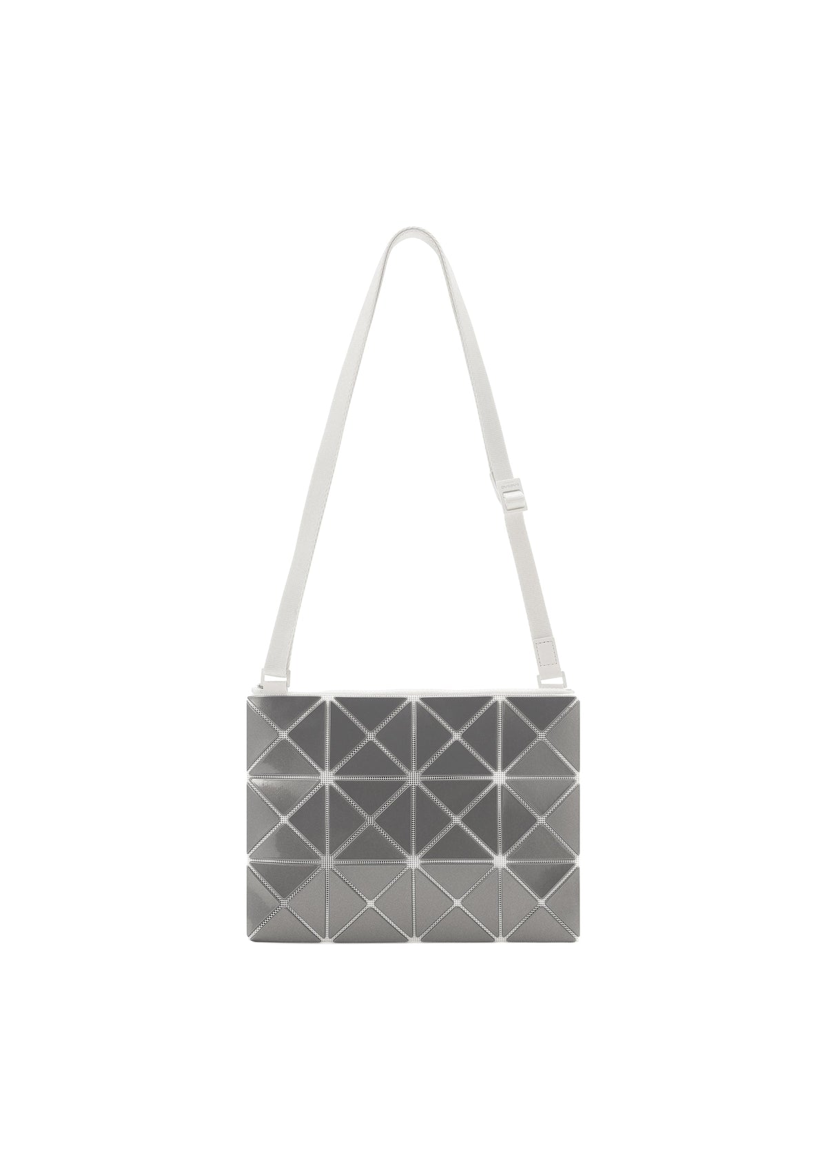 The LUCENT METALLIC by BAO BAO ISSEY MIYAKE is a rectangular silver shoulder bag with a geometric tile pattern and white adjustable strap, crafted from enamel for a metallic finish, shown on a plain white background. view 2 of 10