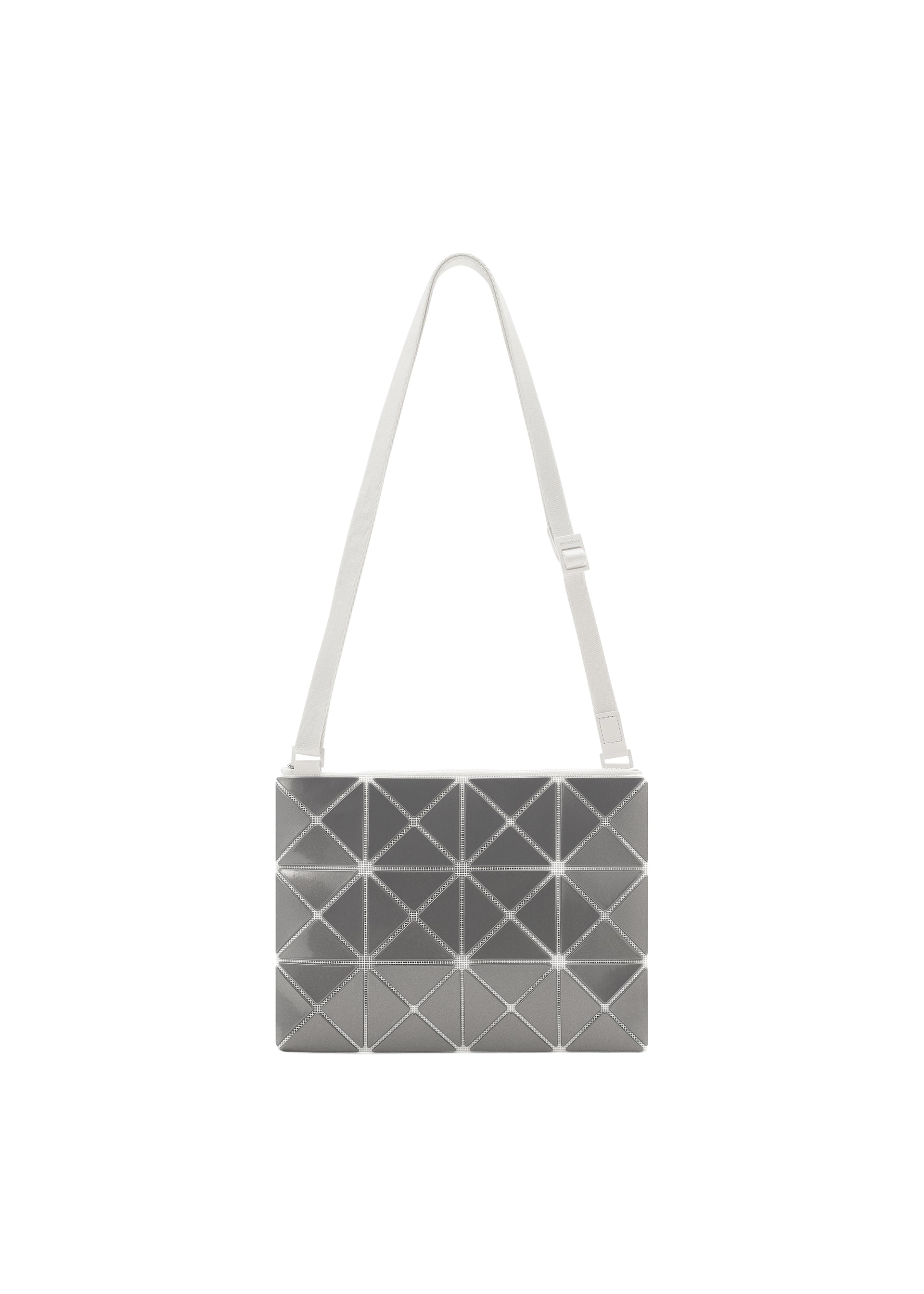Zoomed view The LUCENT METALLIC by BAO BAO ISSEY MIYAKE is a rectangular silver shoulder bag with a geometric tile pattern and white adjustable strap, crafted from enamel for a metallic finish, shown on a plain white background. - STONE GRAY (no.17)
