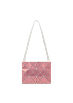 The LUCENT METALLIC by BAO BAO ISSEY MIYAKE is a rectangular pink shoulder bag featuring a geometric pattern, metallic finish, and white adjustable strap, shown against a plain white background. - PINK SALT (no.27)