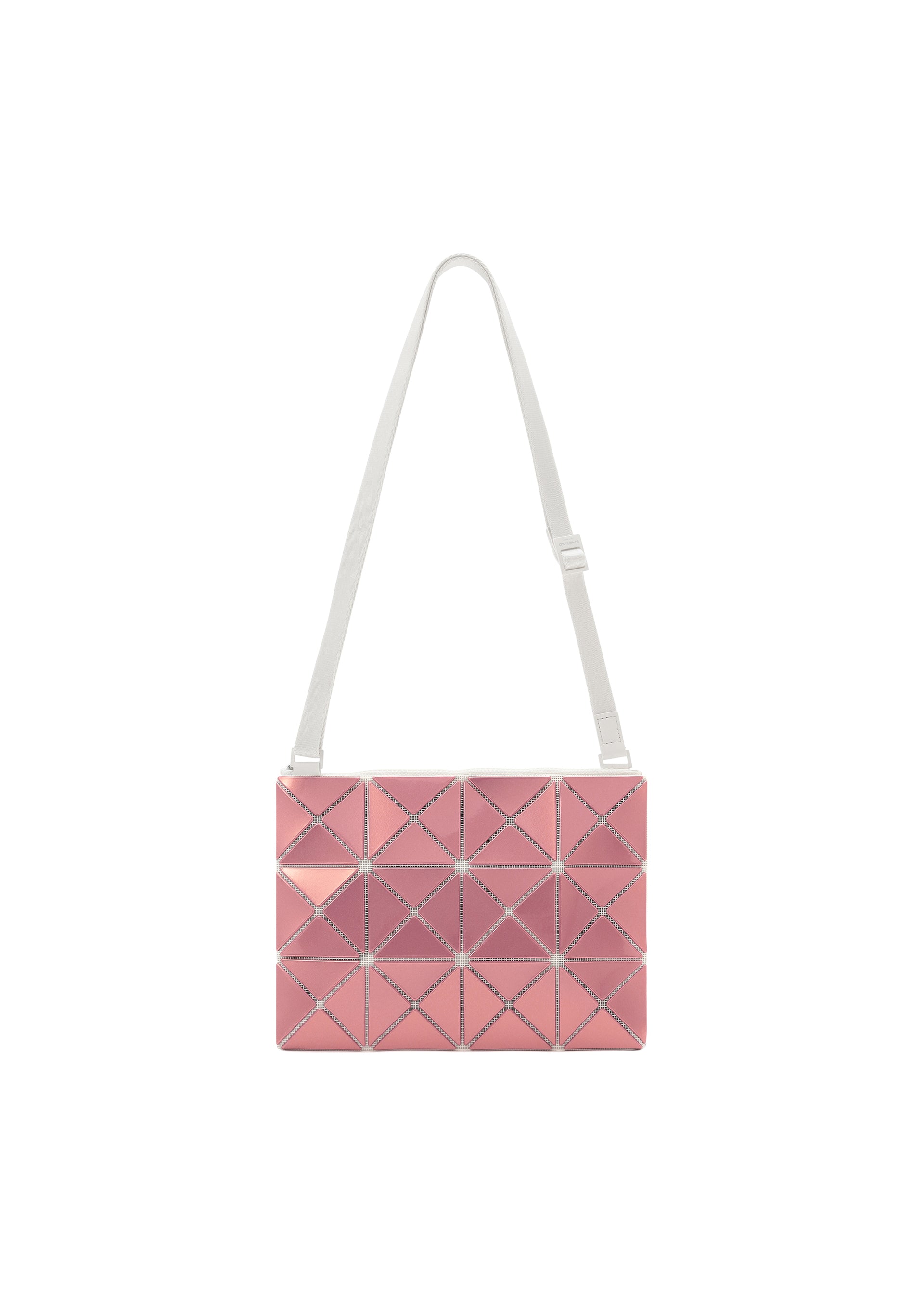 Zoomed view The LUCENT METALLIC by BAO BAO ISSEY MIYAKE is a rectangular pink shoulder bag featuring a geometric pattern, metallic finish, and white adjustable strap, shown against a plain white background. - PINK SALT (no.27)