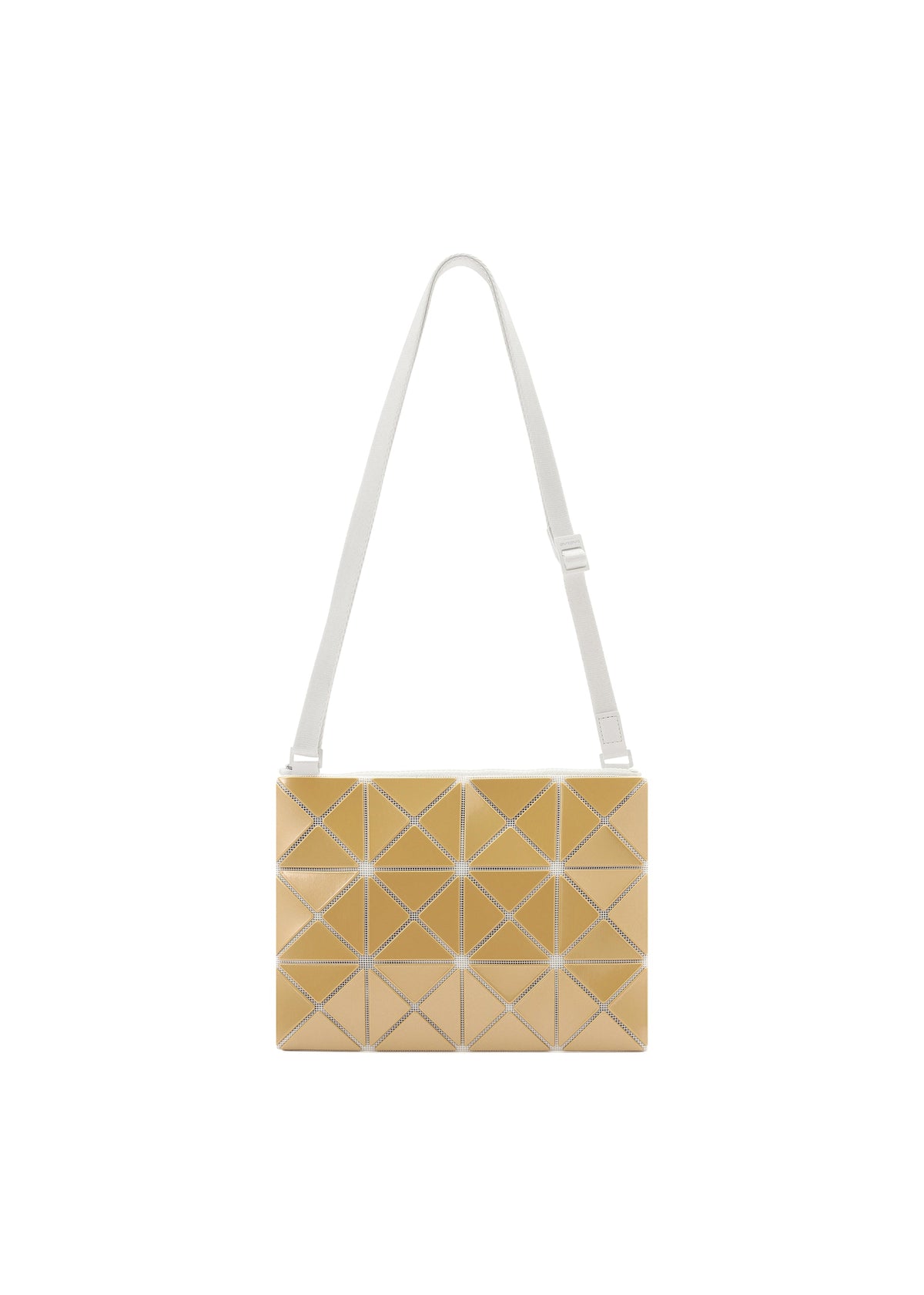 The LUCENT METALLIC by BAO BAO ISSEY MIYAKE is a rectangular shoulder bag with gold, shiny triangular panels and a white adjustable strap, shown on a plain white background. view 4 of 10