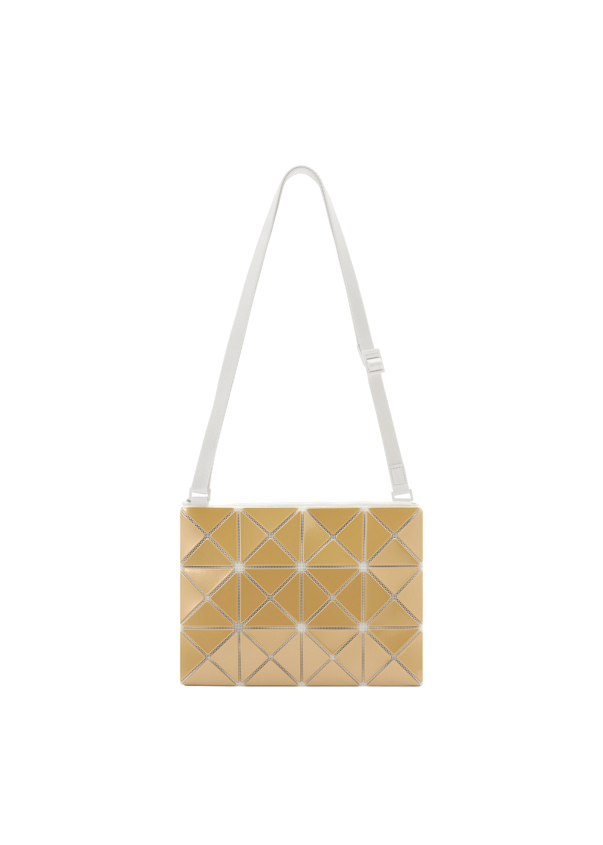 Zoomed view The LUCENT METALLIC by BAO BAO ISSEY MIYAKE is a rectangular shoulder bag with gold, shiny triangular panels and a white adjustable strap, shown on a plain white background. - OCHER (no.57)