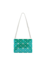 The LUCENT METALLIC by BAO BAO ISSEY MIYAKE is a green rectangular shoulder bag with a white adjustable strap, enamel finish, and triangular segment pattern, shown on a plain white background. - WATER GREEN (no.64)
