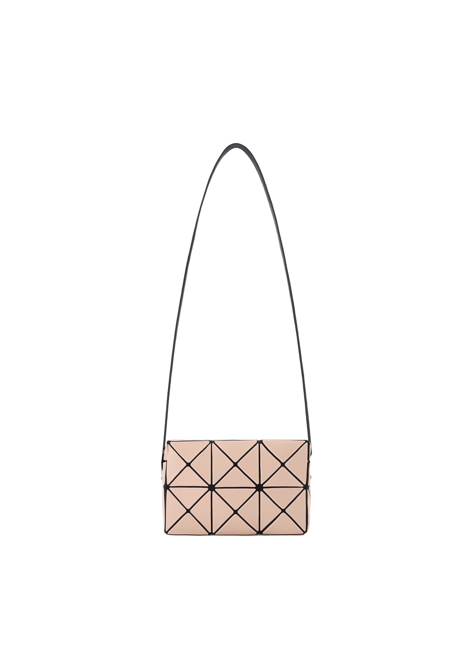 Zoomed view The CUBOID by BAO BAO ISSEY MIYAKE is a beige rectangular minimalist bag featuring a geometric triangular pattern and a long adjustable black strap, shown on a white background. - BEIGE （no.41）