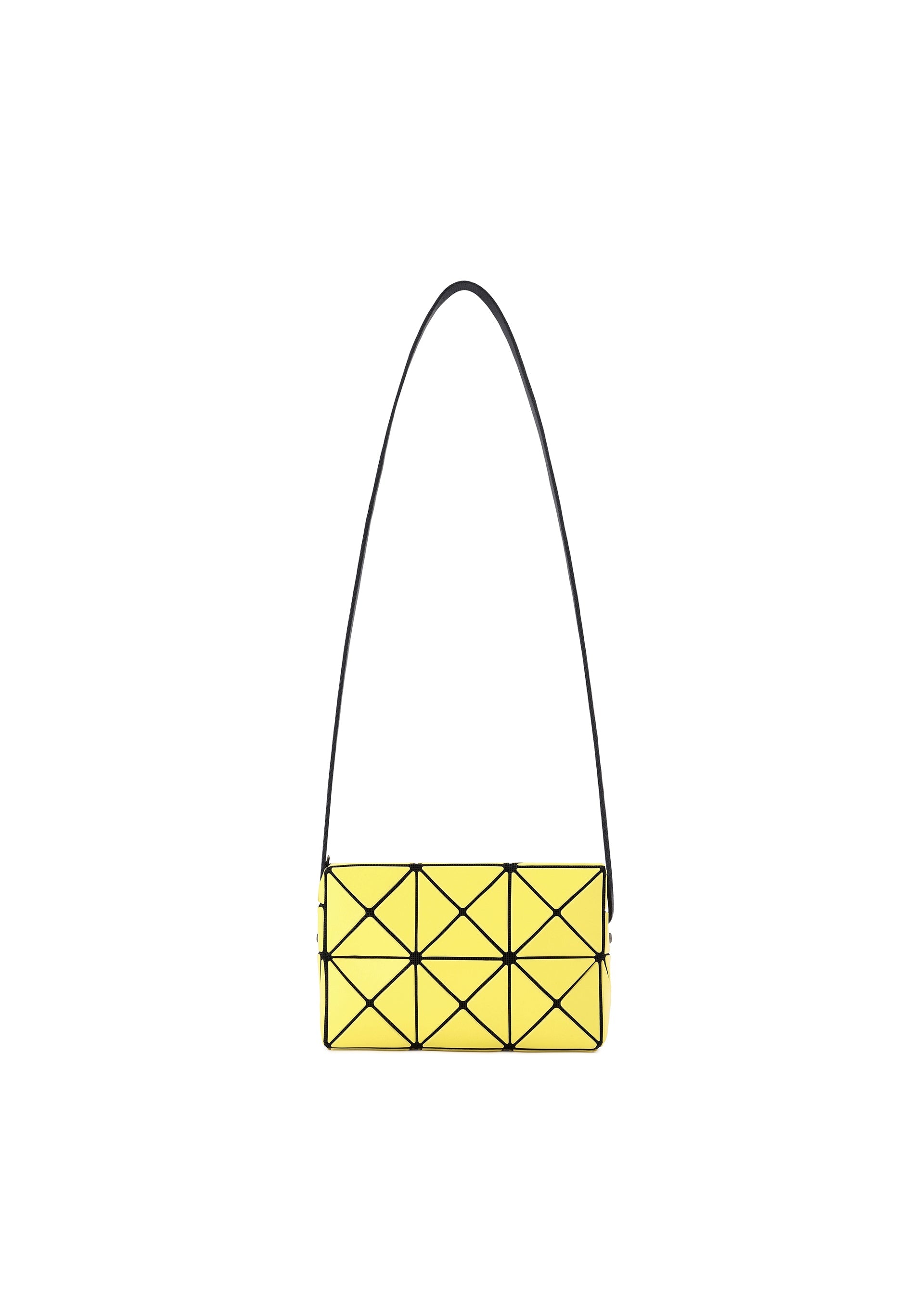 Zoomed view The CUBOID by BAO BAO ISSEY MIYAKE is a small yellow minimalist bag featuring a geometric triangle pattern and a long, adjustable black strap, shown against a plain white background. - YELLOW （no.52）