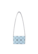 The CUBOID by BAO BAO ISSEY MIYAKE is a rectangular light blue minimalist bag featuring a geometric triangular pattern and adjustable strap, shown on a plain white background. - LIGHT BLUE （no.71）