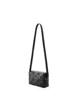 The CUBOID by BAO BAO ISSEY MIYAKE is a black rectangular shoulder bag with a signature geometric triangular pattern and an adjustable long strap, showcased on a white background for modern style and versatility.