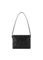 The CUBOID by BAO BAO ISSEY MIYAKE is a minimalist black shoulder bag with a cuboid shape, geometric triangular pattern, and single strap, shown on a white background. - MATTE BLACK (no.16)