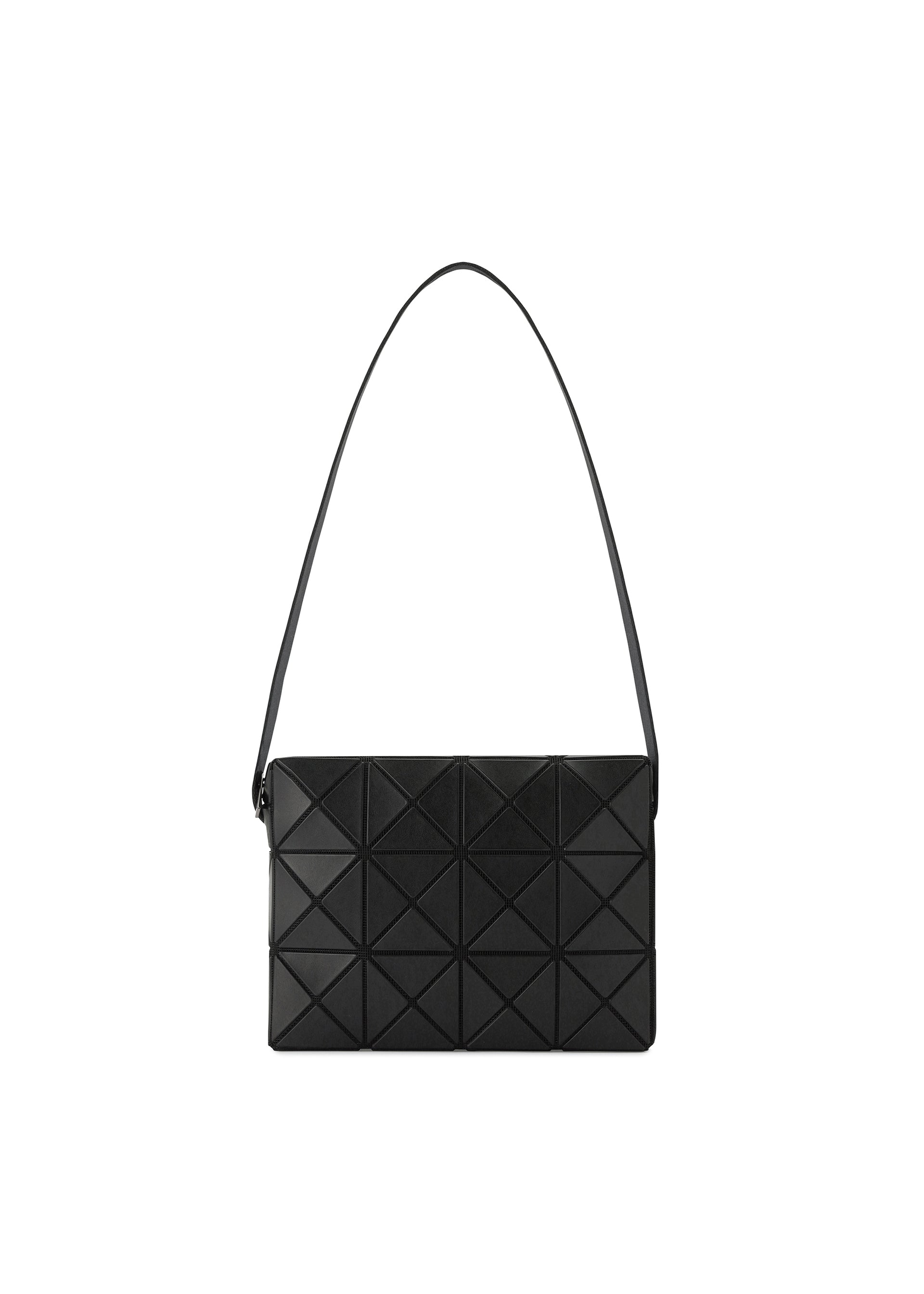 Zoomed view The CUBOID by BAO BAO ISSEY MIYAKE is a minimalist black rectangular shoulder bag with a geometric triangular pattern and an adjustable strap, shown on a plain white background. - MATTE BLACK (no.16)