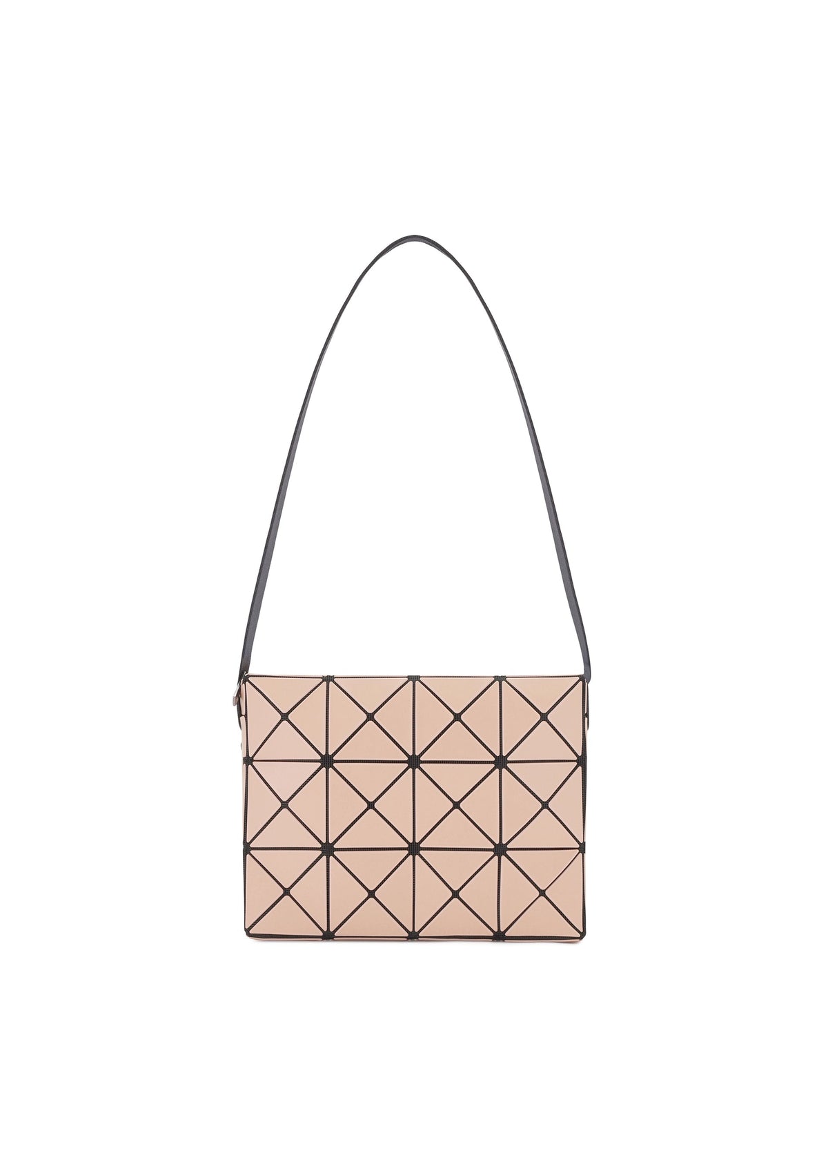 The BAO BAO ISSEY MIYAKE CUBOID is a beige rectangular shoulder bag with a geometric triangular grid and a single adjustable black strap, shown on a plain white background. view 3 of 9