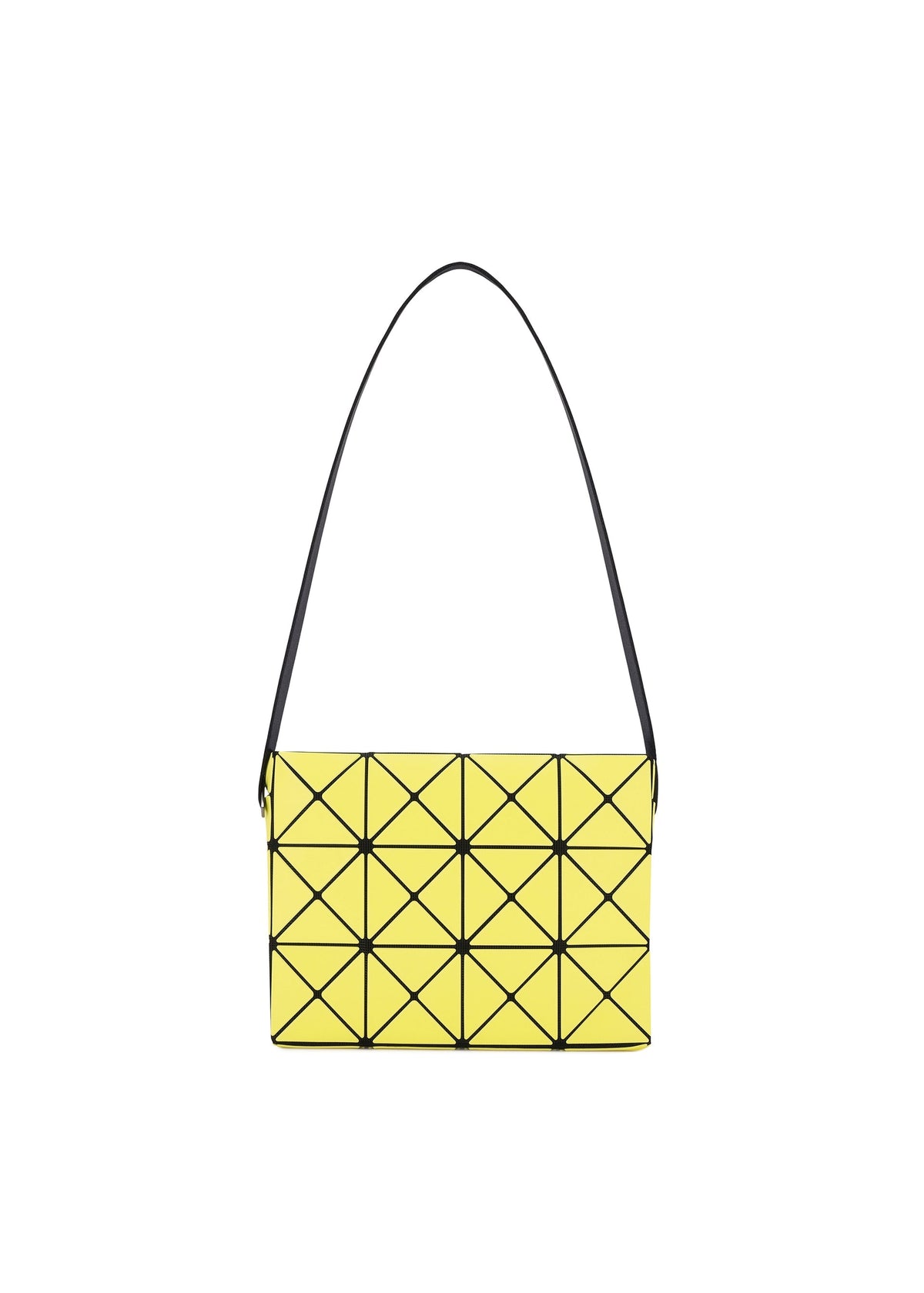 The CUBOID by BAO BAO ISSEY MIYAKE is a yellow rectangular minimalist bag featuring a geometric triangular pattern and a single adjustable black shoulder strap, shown on a white background. view 1 of 9