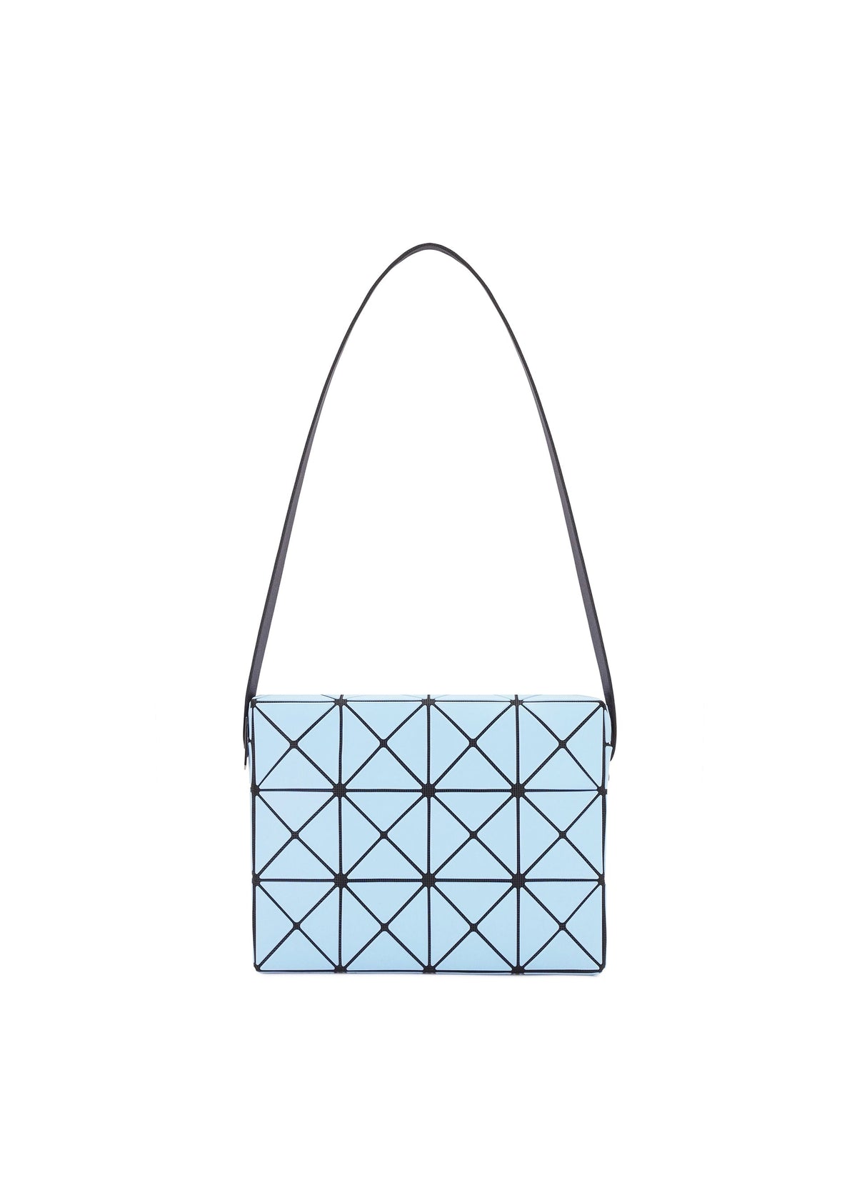 The BAO BAO ISSEY MIYAKE CUBOID is a light blue minimalist bag featuring a grid of triangular panels and a long adjustable strap, shown on a white background. view 2 of 9