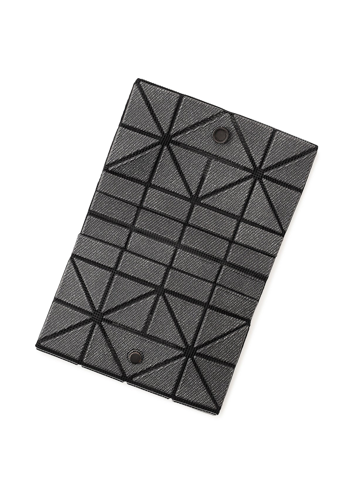 The BAO BAO ISSEY MIYAKE CARD WALLET is a rectangular mini wallet with a geometric gray design, black triangular lines, and two black snap buttons—perfect for a cash-less lifestyle and shown against a white background. view 5 of 5