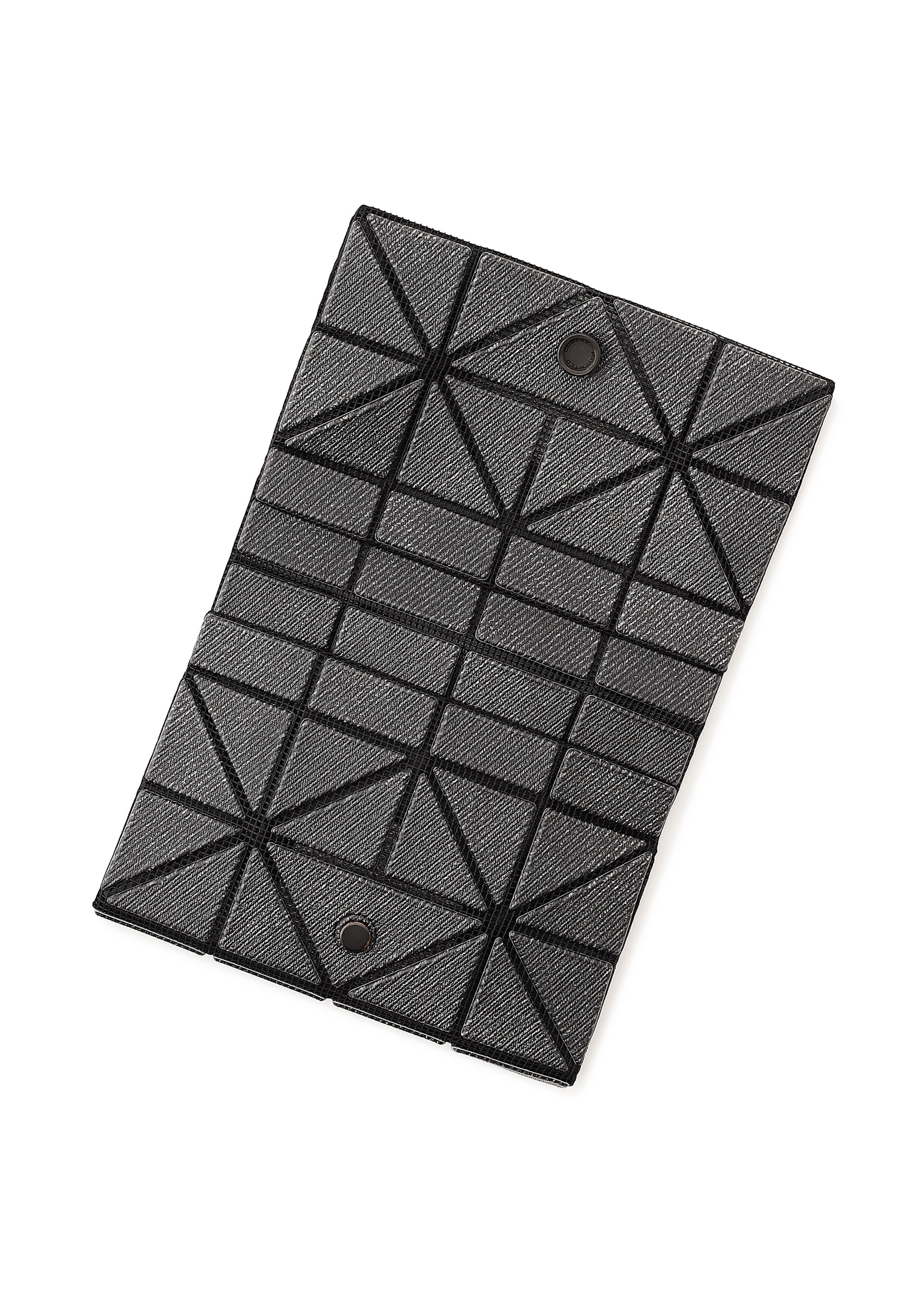 Zoomed view The BAO BAO ISSEY MIYAKE CARD WALLET is a rectangular mini wallet with a geometric gray design, black triangular lines, and two black snap buttons—perfect for a cash-less lifestyle and shown against a white background.