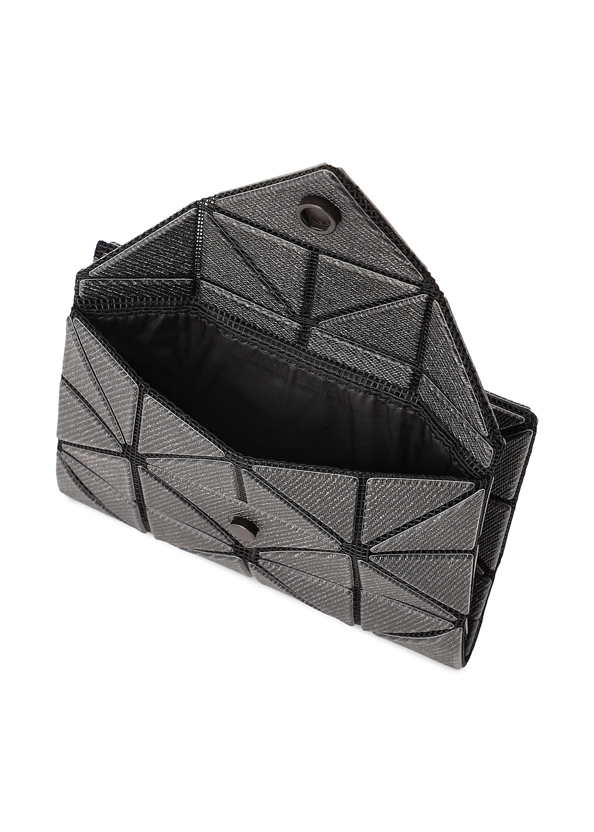 The BAO BAO ISSEY MIYAKE CARD WALLET is a black geometric-patterned mini wallet with an open flap and snap closure, offering a roomy main compartment with black lining—ideal for a cash-less lifestyle. view 3 of 5