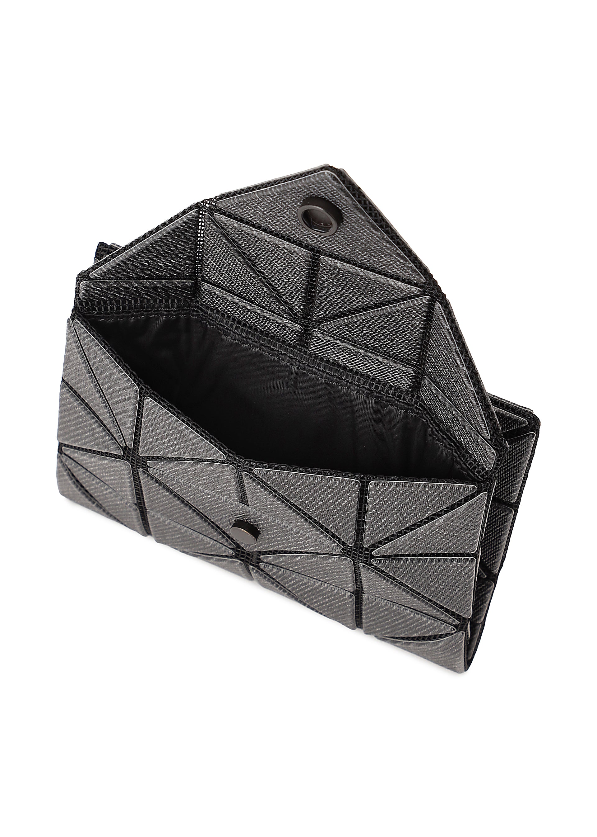 Zoomed view The BAO BAO ISSEY MIYAKE CARD WALLET is a black geometric-patterned mini wallet with an open flap and snap closure, offering a roomy main compartment with black lining—ideal for a cash-less lifestyle.