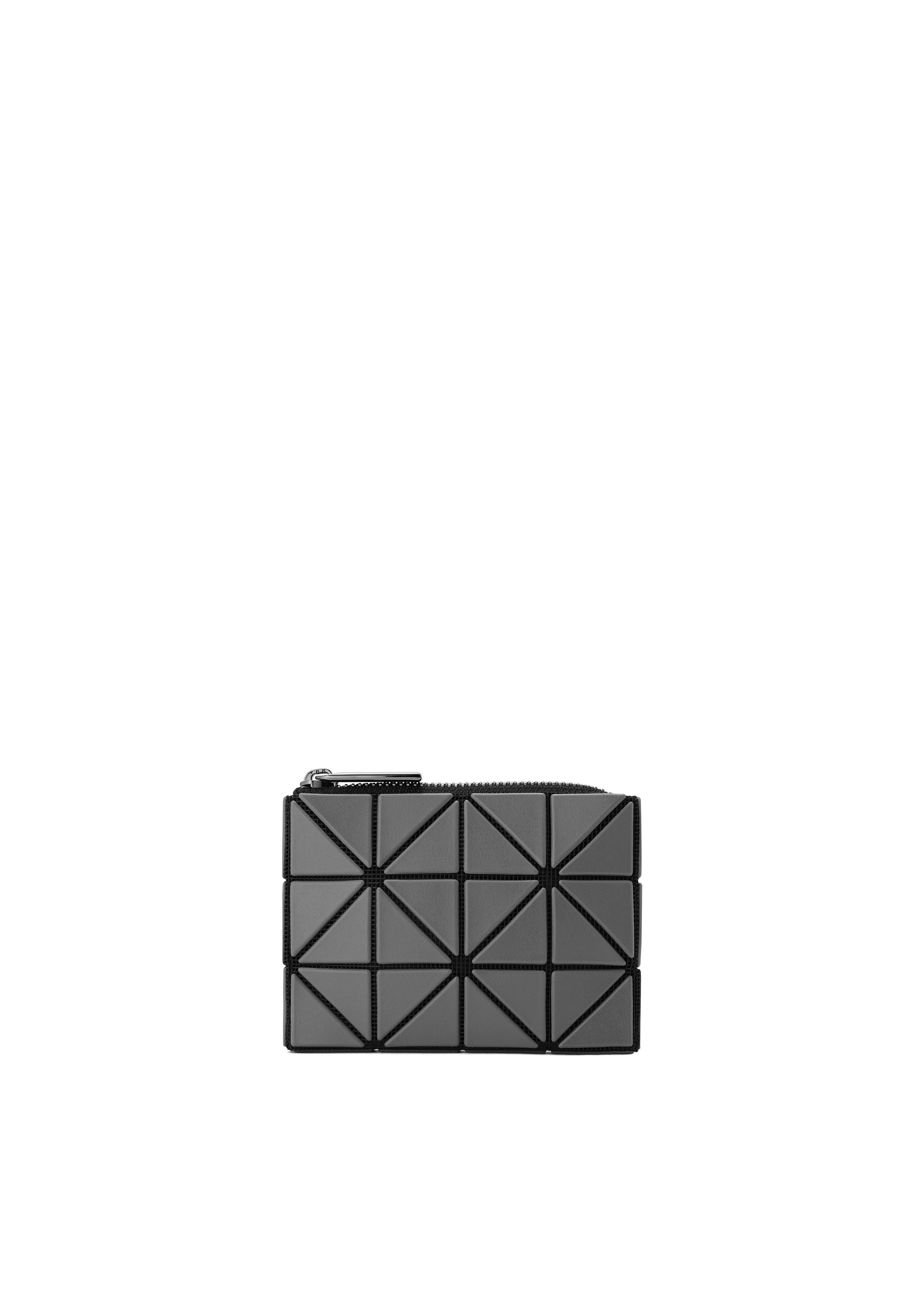 Zoomed view The CASSETTE by BAO BAO ISSEY MIYAKE is a small black rectangular zipper case featuring a geometric triangle-patterned design—ideal as a card holder or coin pouch. - CHARCOAL (no.18)