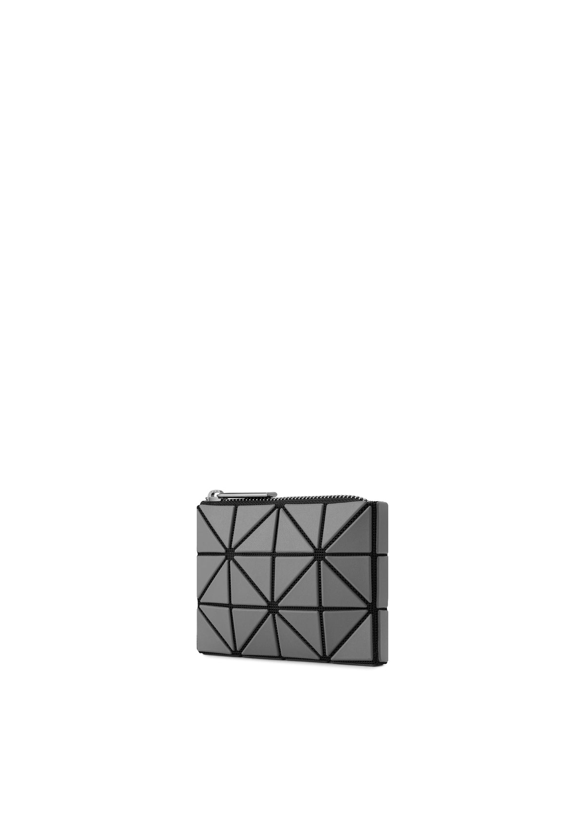 The CASSETTE by BAO BAO ISSEY MIYAKE is a small black rectangular clutch with a geometric triangular pattern and a short chain at the top corner—ideal as a chic card holder or zipper case for essentials. view 4 of 6