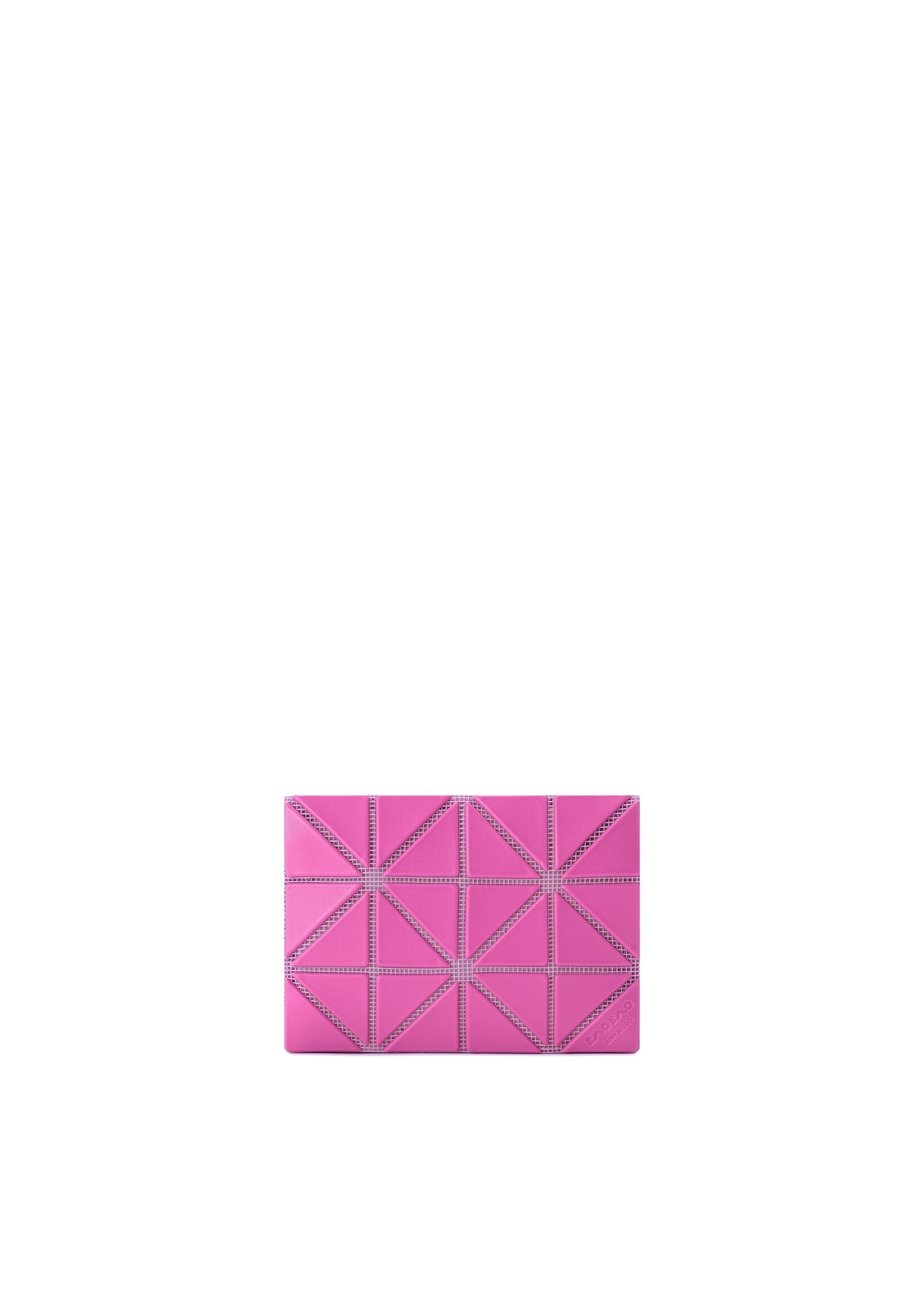 The CARD CASE W COLOR by BAO BAO ISSEY MIYAKE is a rectangular pink card case featuring a two-tone design with embossed geometric triangles and lines, shown against a plain white background. view 3 of 11