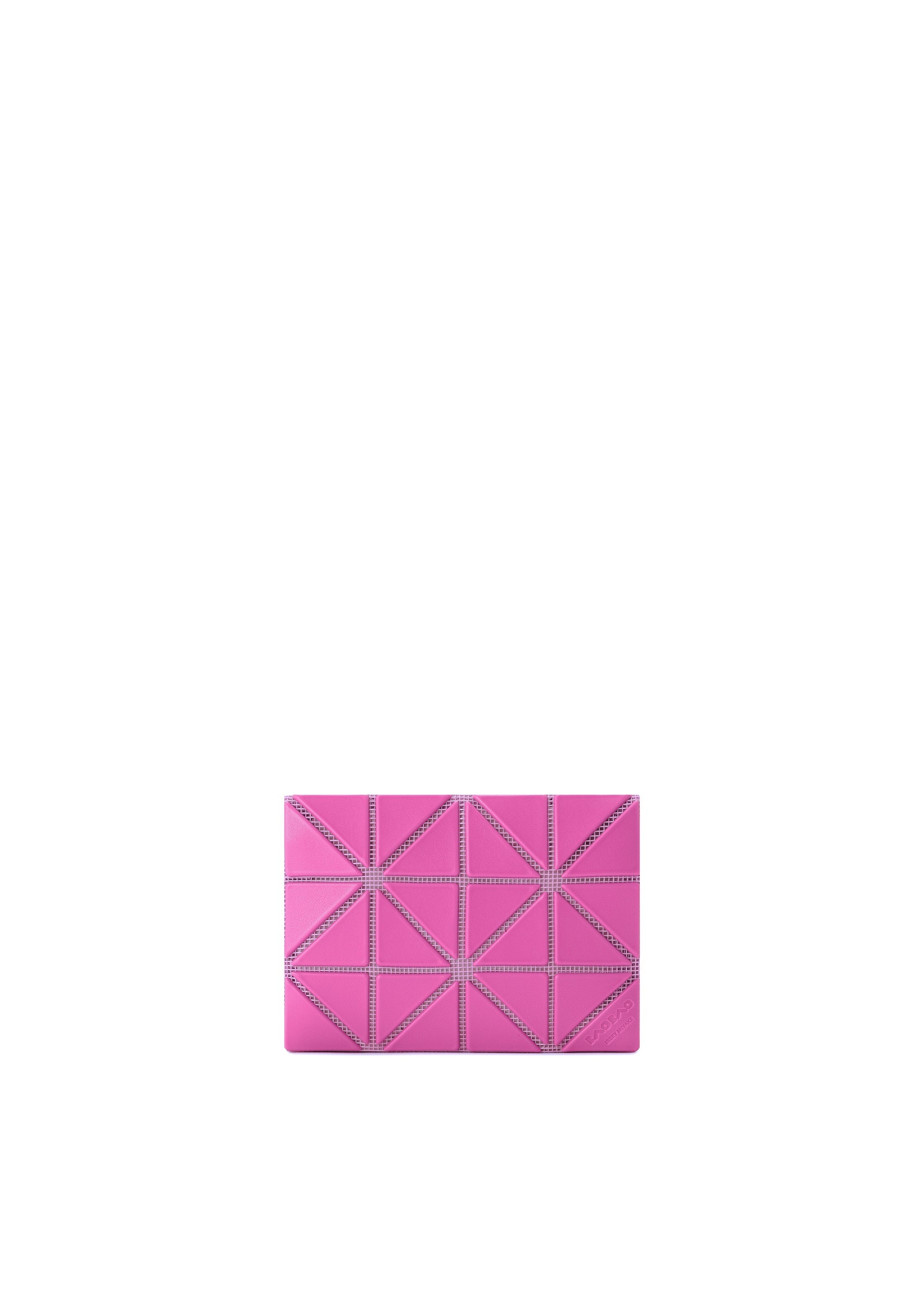 Zoomed view The CARD CASE W COLOR by BAO BAO ISSEY MIYAKE is a rectangular pink card case featuring a two-tone design with embossed geometric triangles and lines, shown against a plain white background. - MAGENTA×LIGHT MAGENTA （no.29）