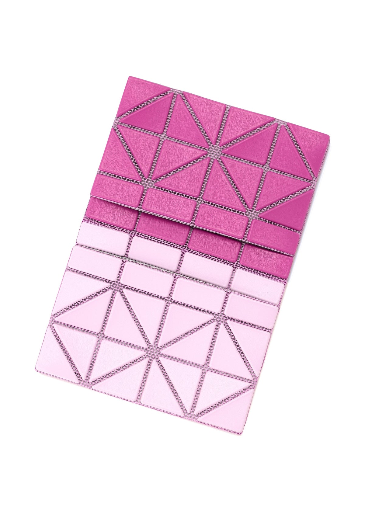 The CARD CASE W COLOR by BAO BAO ISSEY MIYAKE is a rectangular bifold card holder featuring a stylish geometric triangle pattern in pink gradients, with stitched lines accentuating its two-tone design. view 4 of 11
