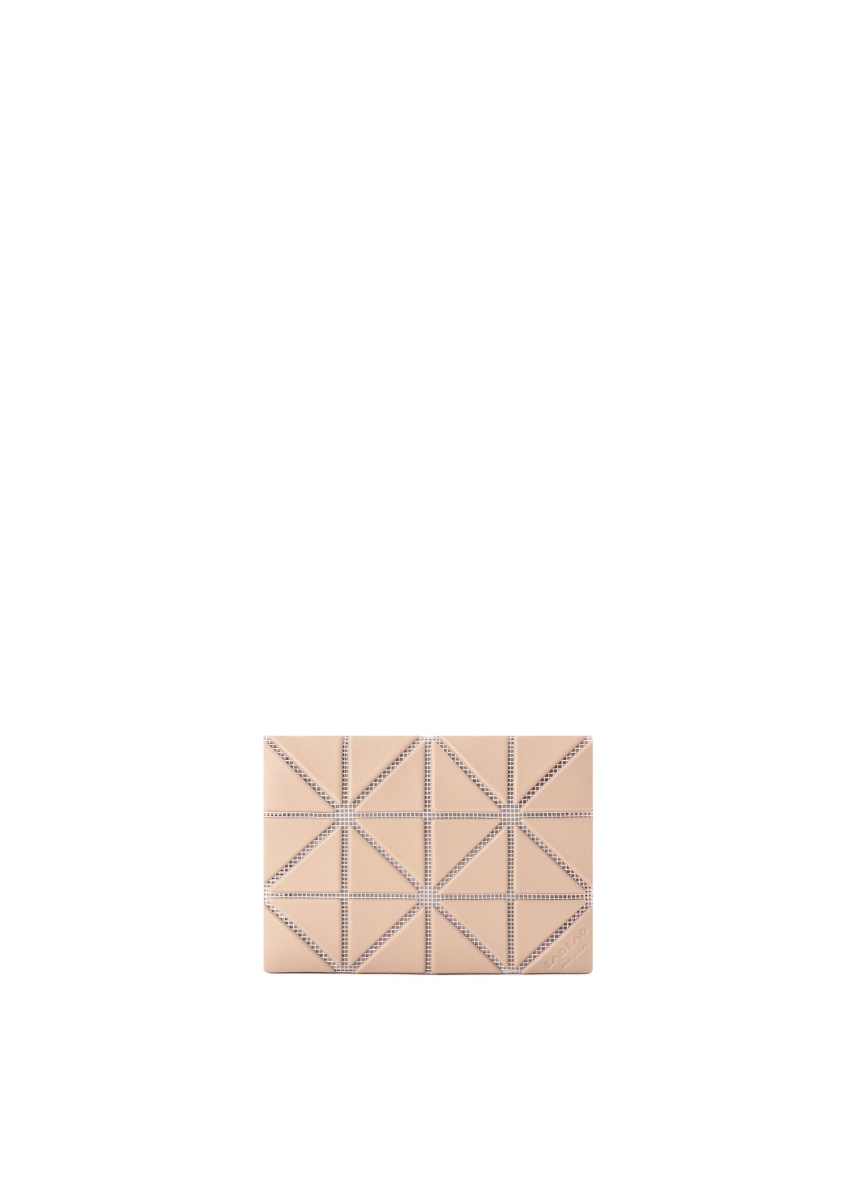The CARD CASE W COLOR by BAO BAO ISSEY MIYAKE features a beige two-tone geometric triangular pattern with small metallic studs, displayed on a white background. view 5 of 11
