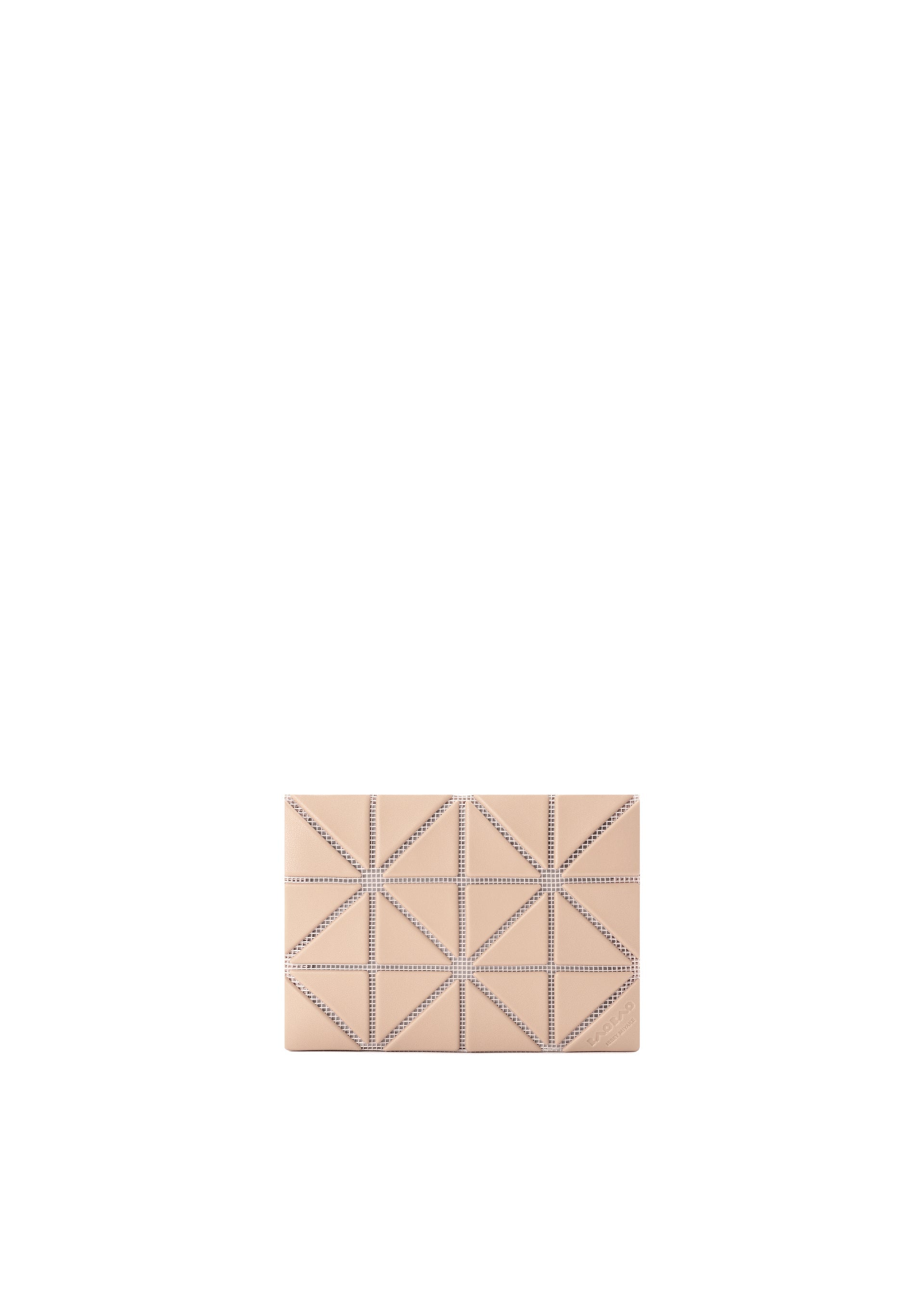 Zoomed view The CARD CASE W COLOR by BAO BAO ISSEY MIYAKE features a beige two-tone geometric triangular pattern with small metallic studs, displayed on a white background. - BEIGE×LIGHT BEIGE （no.49）
