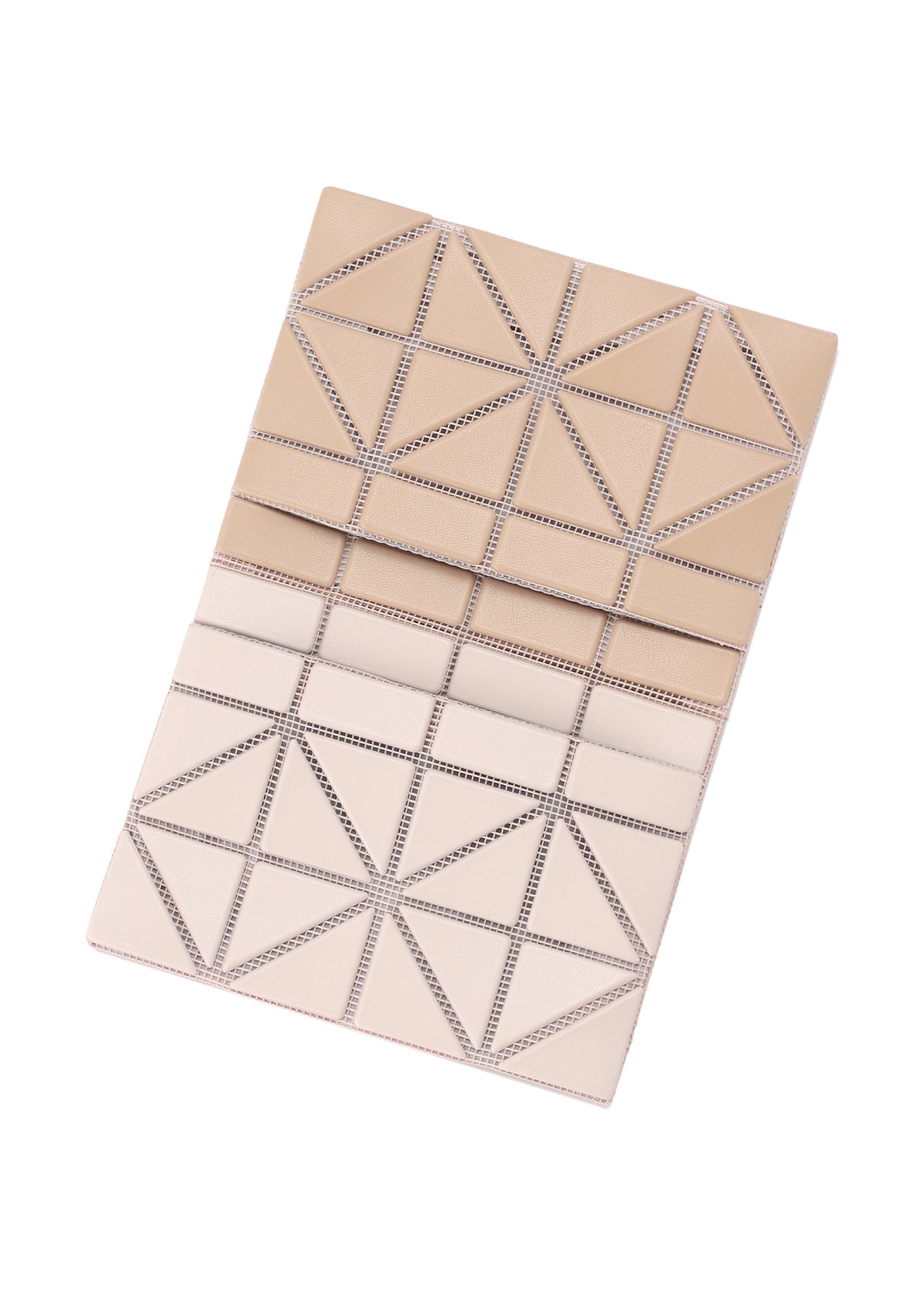 The CARD CASE W COLOR by BAO BAO ISSEY MIYAKE is a geometric, foldable clutch with beige and light brown triangular panels in a two-tone design and visible seams, shown laid flat on a white background. view 6 of 11