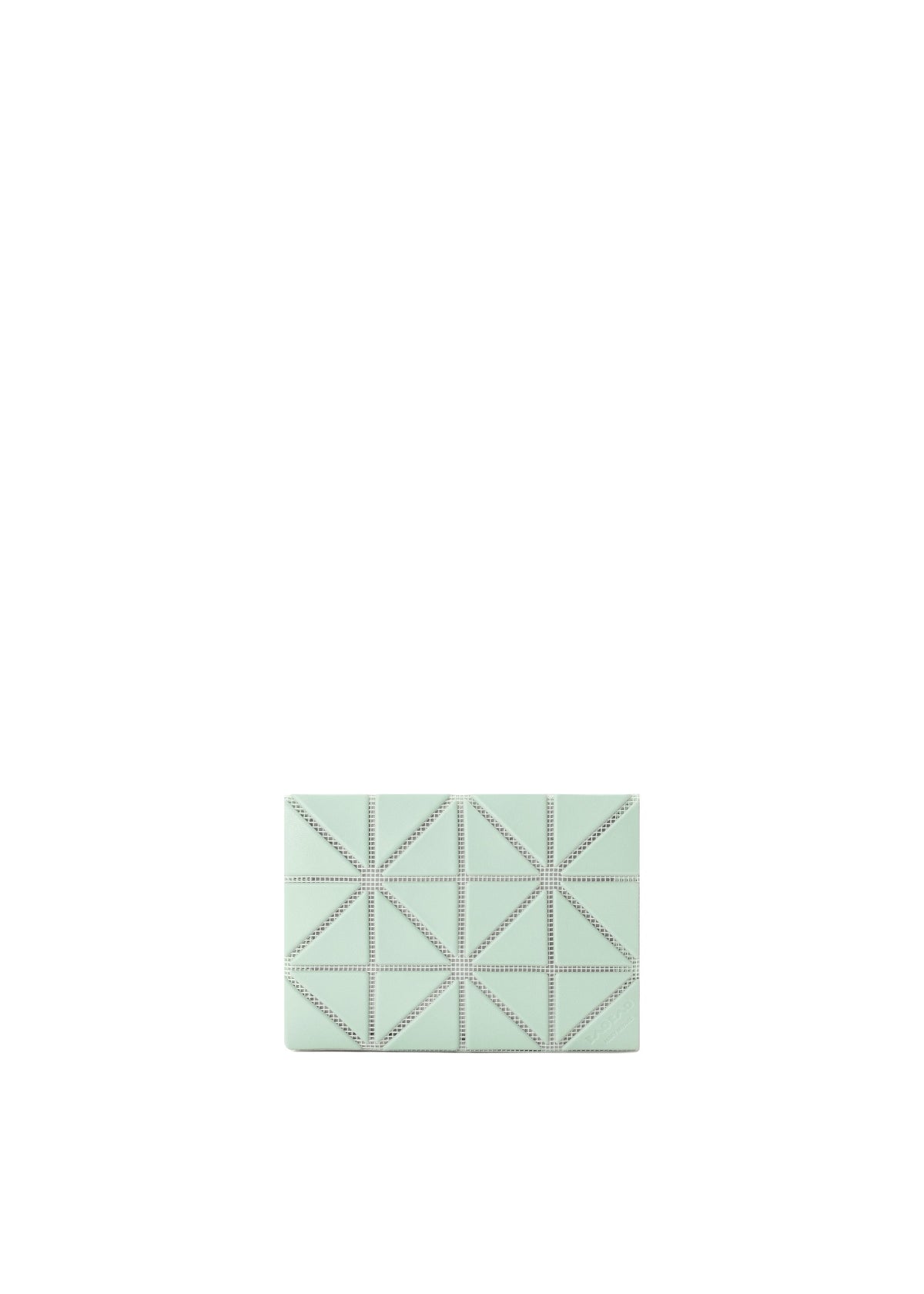 The CARD CASE W COLOR by BAO BAO ISSEY MIYAKE is a small, rectangular mint green clutch with two-tone geometric triangular patterns, shown centered against a plain white background. view 7 of 11