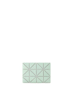 The CARD CASE W COLOR by BAO BAO ISSEY MIYAKE is a small, rectangular mint green clutch with two-tone geometric triangular patterns, shown centered against a plain white background. - GREEN×LIGHT GREEN （no.69）