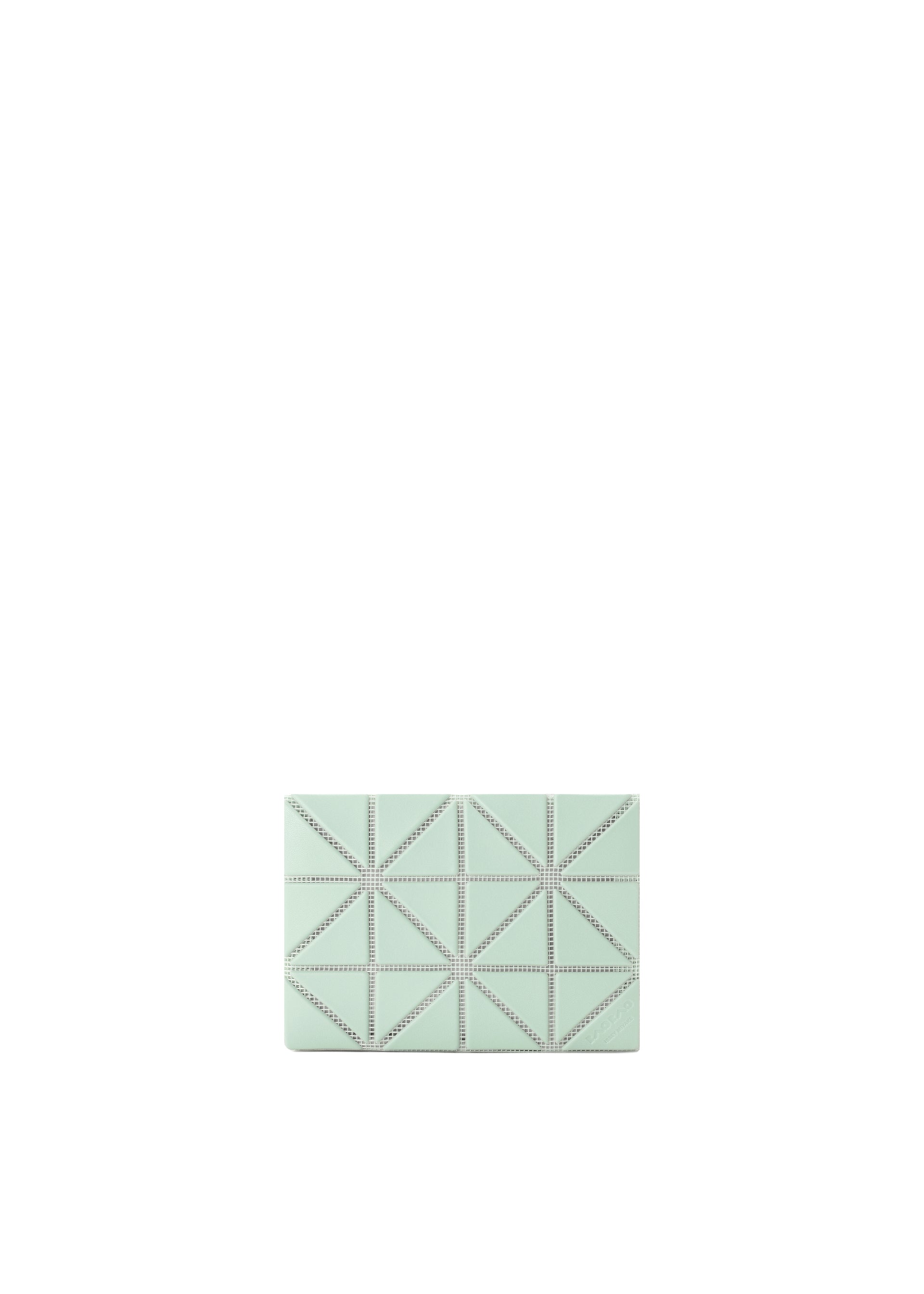 Zoomed view The CARD CASE W COLOR by BAO BAO ISSEY MIYAKE is a small, rectangular mint green clutch with two-tone geometric triangular patterns, shown centered against a plain white background. - GREEN×LIGHT GREEN （no.69）