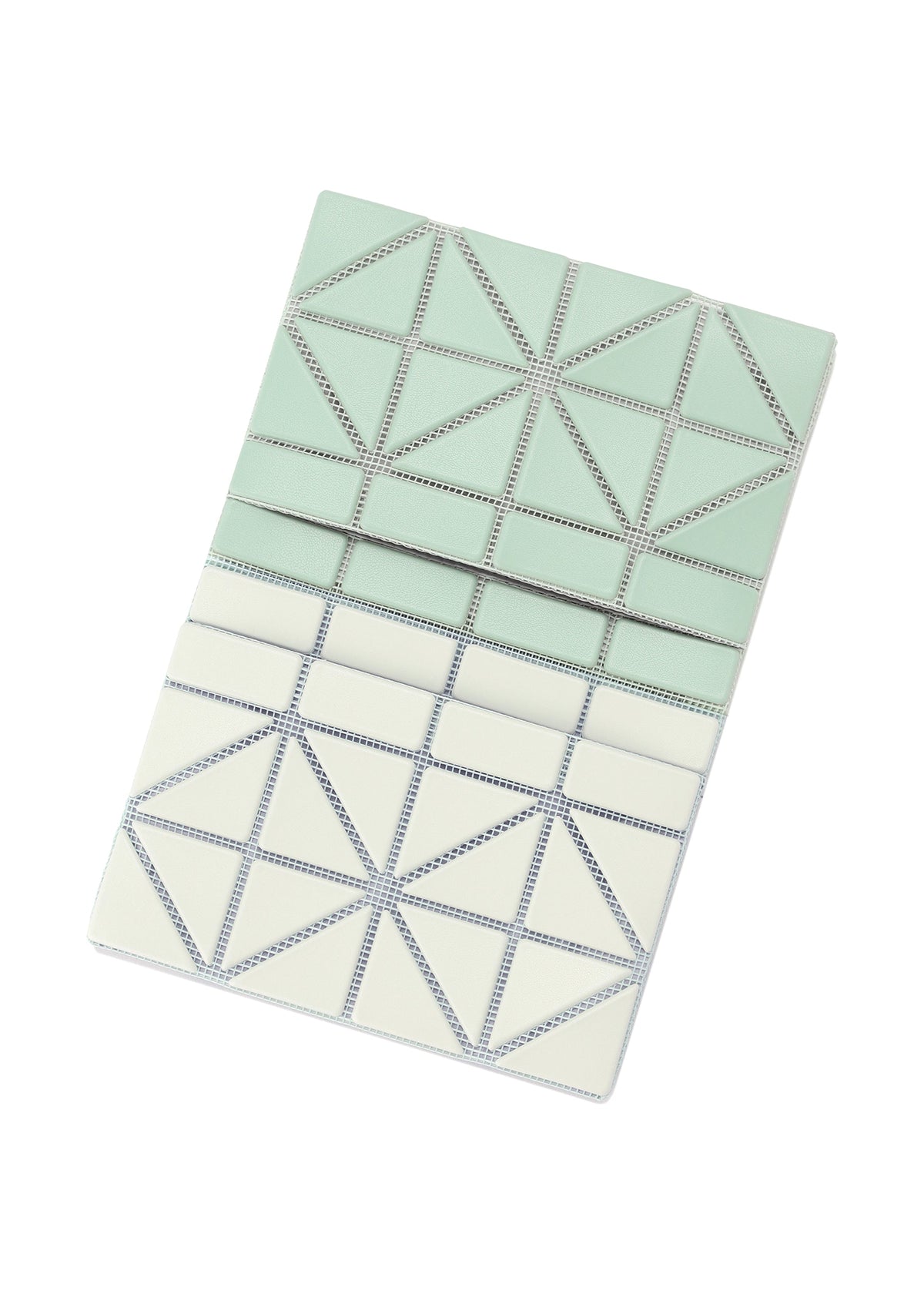 The CARD CASE W COLOR by BAO BAO ISSEY MIYAKE features a geometric two-tone design with light green and white triangles divided by metallic lines, shown against a white background. view 8 of 11