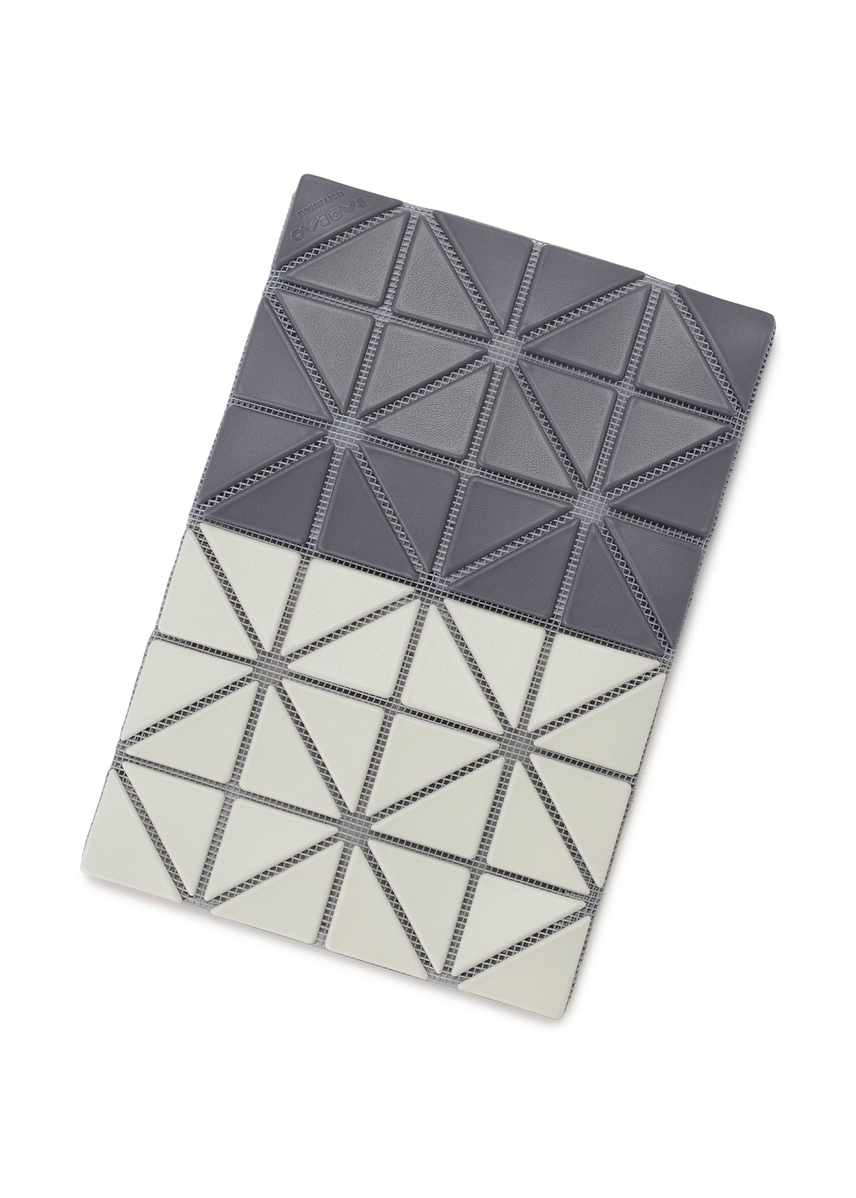 The CARD CASE W COLOR by BAO BAO ISSEY MIYAKE features a rectangular design with a two-tone geometric triangle pattern—dark gray on top, light gray on bottom—highlighted by visible stitched outlines. view 11 of 11