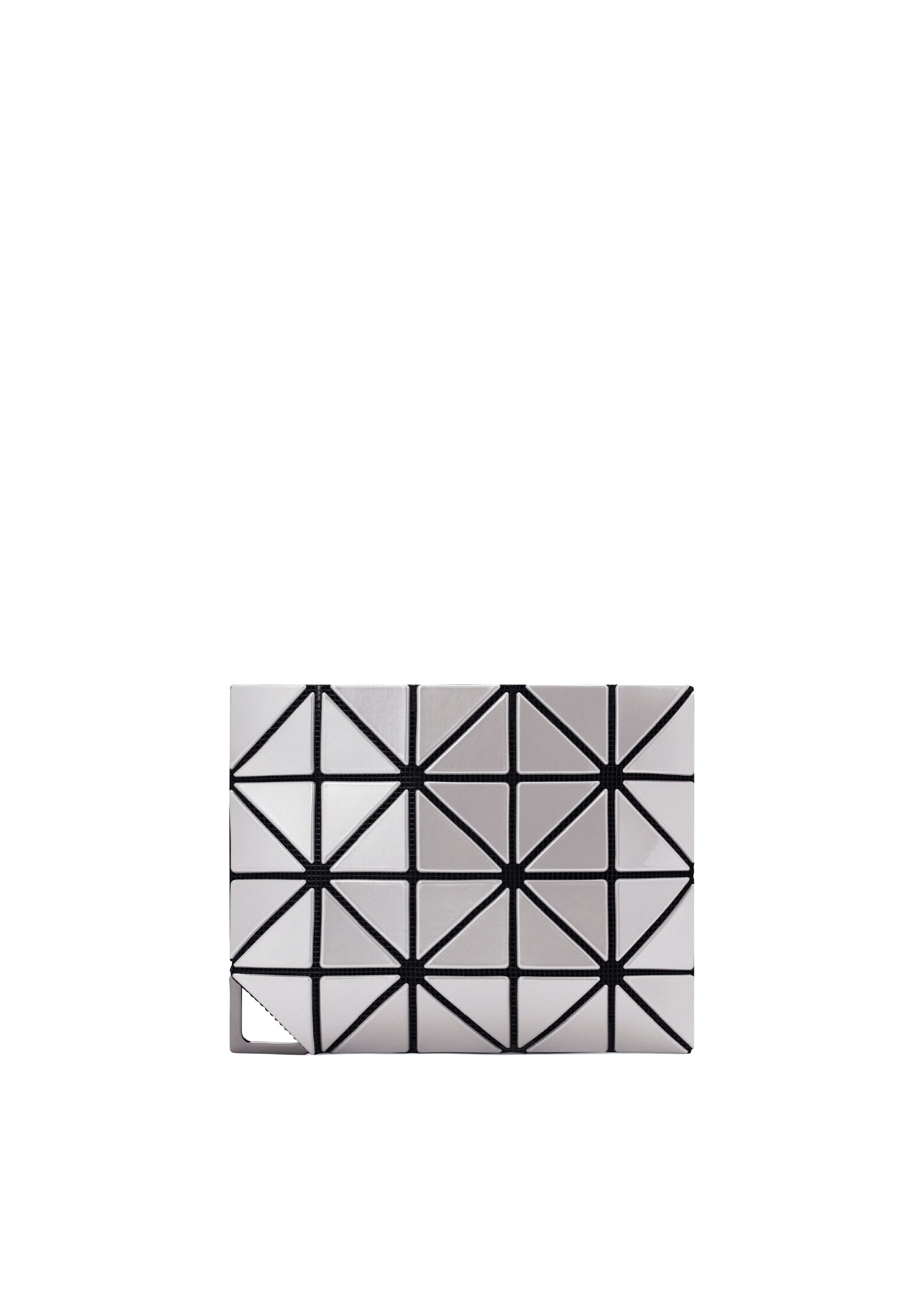 Zoomed view The FLIPPER pass case by BAO BAO ISSEY MIYAKE is a rectangular pouch with silver triangular panels outlined in black, featuring durable metal fittings for a modern, futuristic look. - GRAY (no.12)