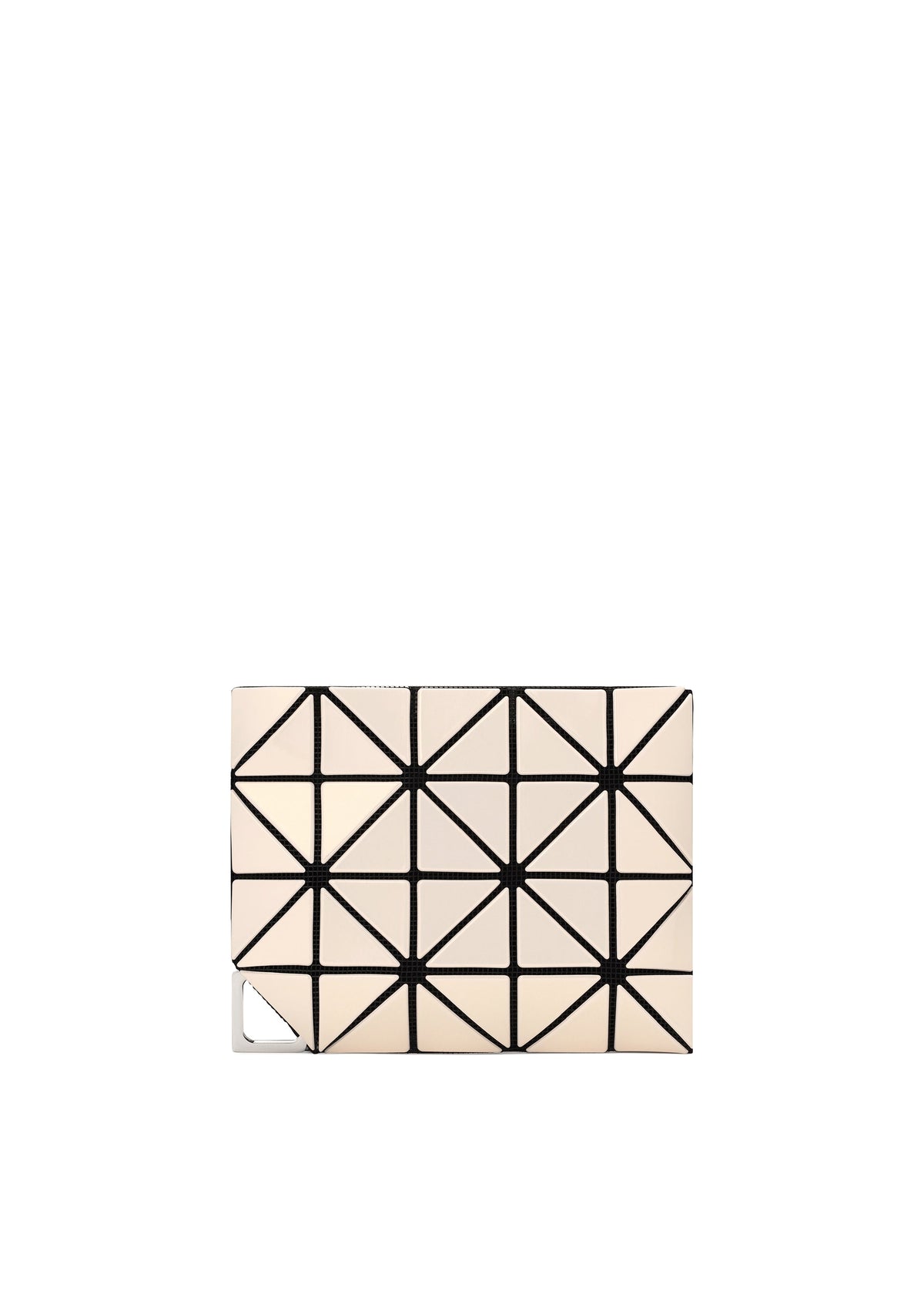 The FLIPPER by BAO BAO ISSEY MIYAKE is a small rectangular clutch with a beige and black geometric triangular pattern, detachable triangular corner piece, and sleek metal fitting—ideal as a commuter pass case or business card holder. view 3 of 7