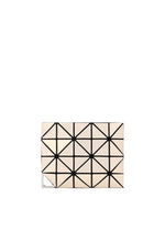 The FLIPPER by BAO BAO ISSEY MIYAKE is a small rectangular clutch with a beige and black geometric triangular pattern, detachable triangular corner piece, and sleek metal fitting—ideal as a commuter pass case or business card holder. - LIGHT BEIGE (no.42)