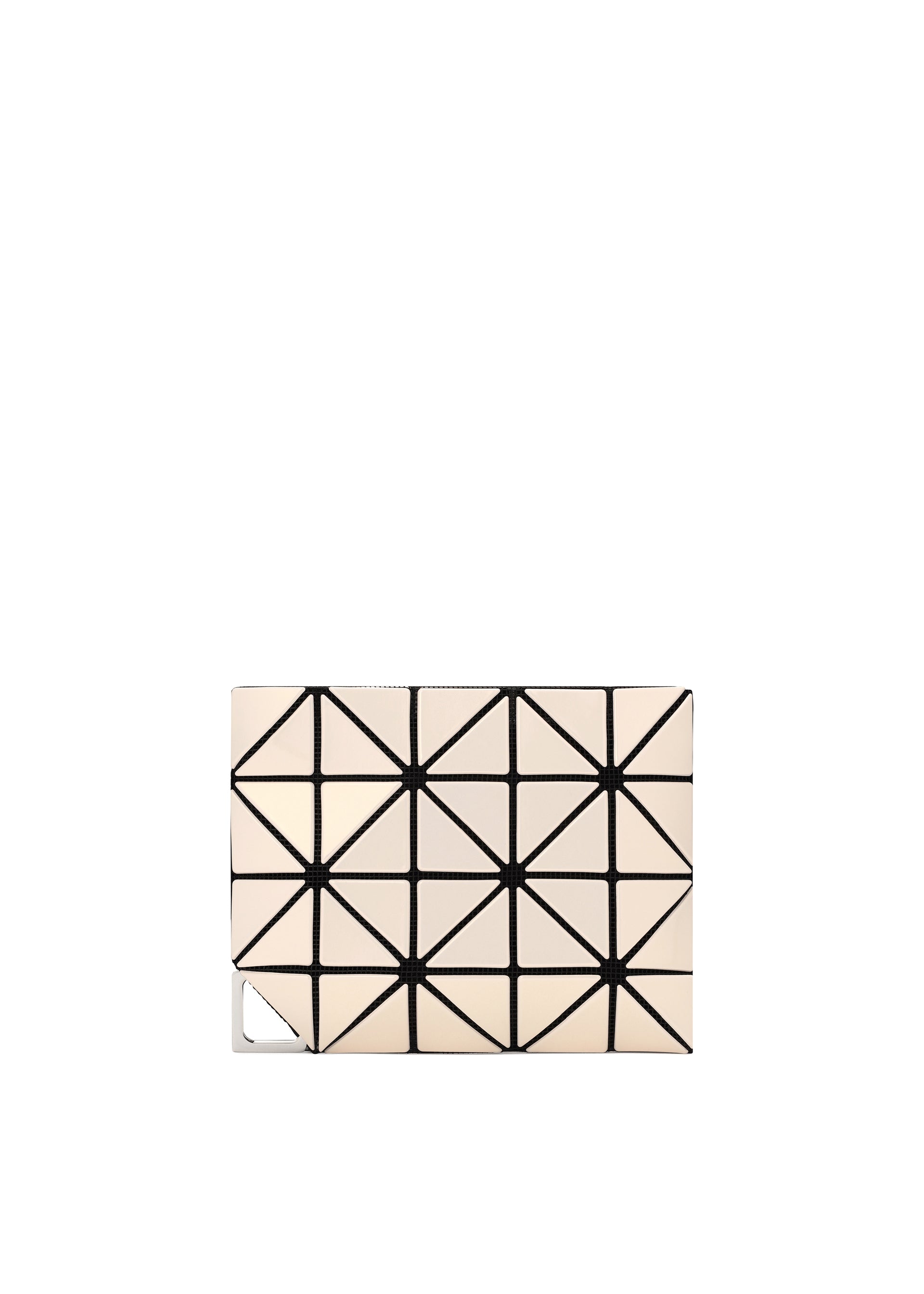 Zoomed view The FLIPPER by BAO BAO ISSEY MIYAKE is a small rectangular clutch with a beige and black geometric triangular pattern, detachable triangular corner piece, and sleek metal fitting—ideal as a commuter pass case or business card holder. - LIGHT BEIGE (no.42)