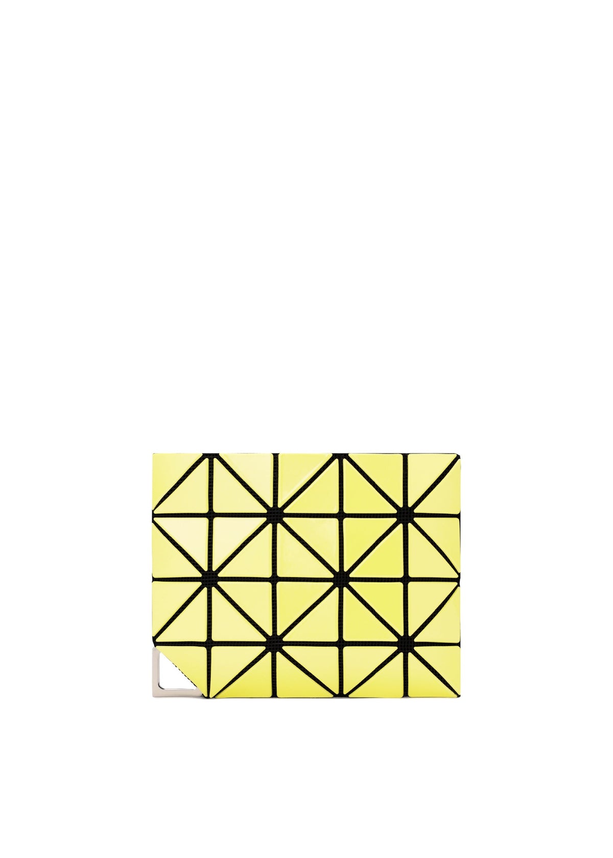 The FLIPPER clutch by BAO BAO ISSEY MIYAKE is a small yellow rectangular bag with a black-outlined geometric triangle pattern and sleek metal fitting, showcased on a plain white background. view 4 of 7