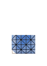 The FLIPPER clutch by BAO BAO ISSEY MIYAKE showcases a blue geometric triangular pattern with black outlines, sleek metal fittings, and a rectangular shape, all set against a plain white background. - BLUE (no.72)