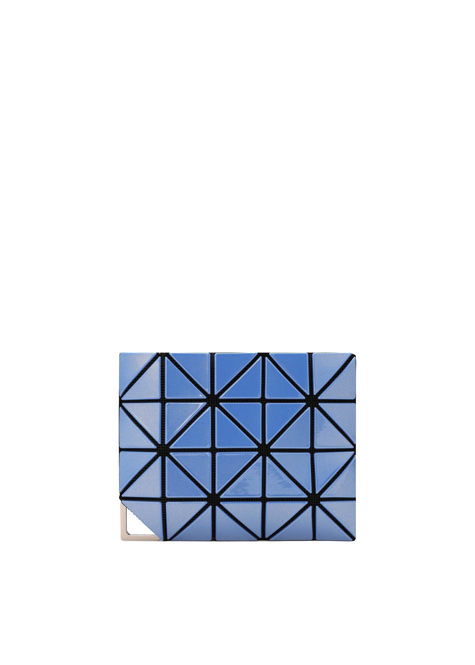 Zoomed view The FLIPPER clutch by BAO BAO ISSEY MIYAKE showcases a blue geometric triangular pattern with black outlines, sleek metal fittings, and a rectangular shape, all set against a plain white background. - BLUE (no.72)