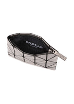 The FLIPPER by BAO BAO ISSEY MIYAKE is a geometric silver and black zippered pouch with a triangular pattern, mesh-lined interior, visible brand label, and ideal as a stylish commuter pass case.