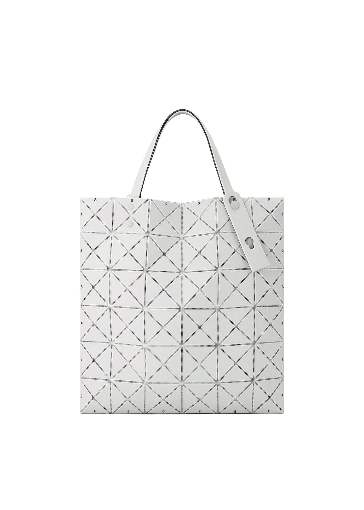 The BAO BAO ISSEY MIYAKE MAP tote bag is white with black triangular lines, features two handles and a minimalist design, and is displayed on a plain white background. view 2 of 10